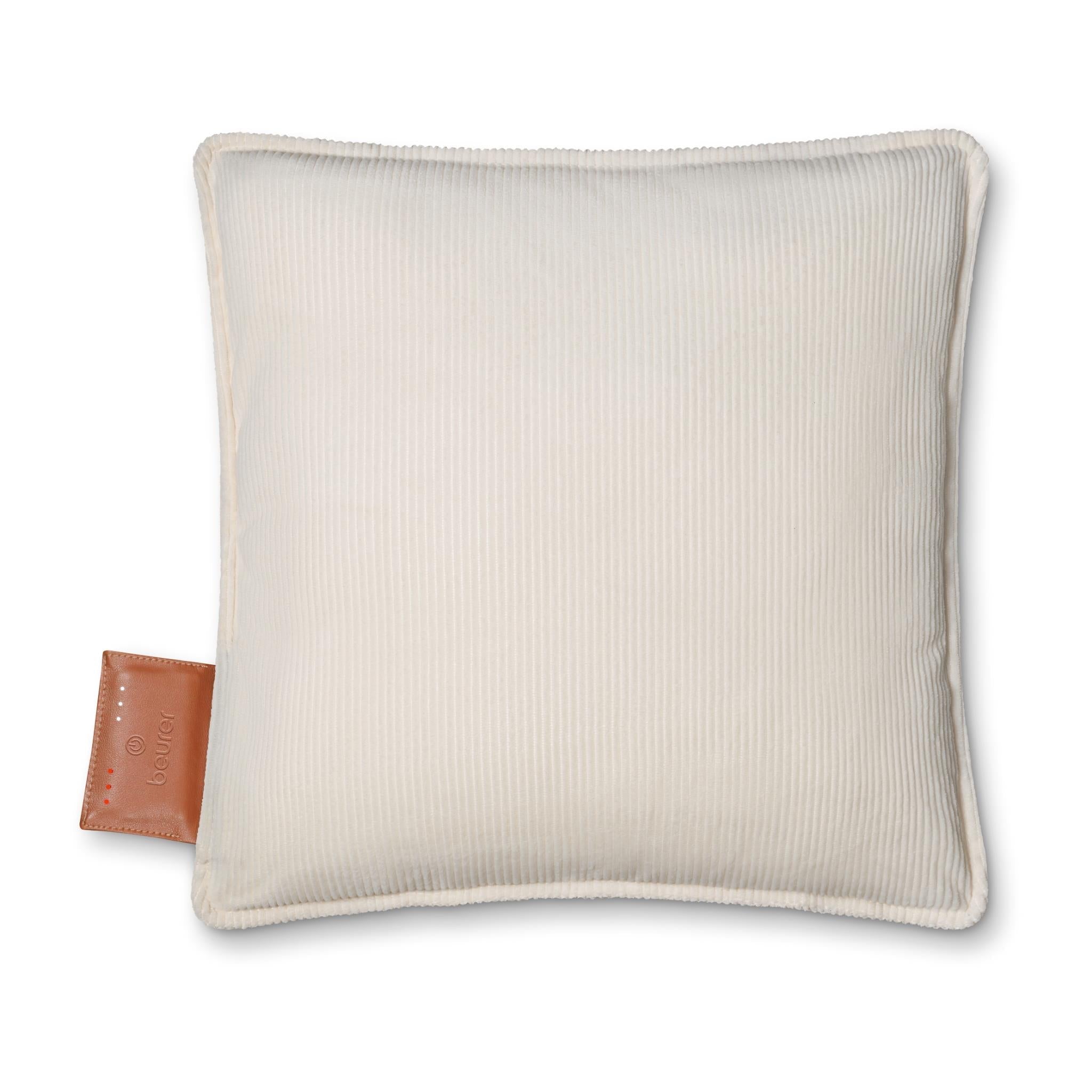 Heated cushion with light cream cover and textured ribbed stripes, square shape.