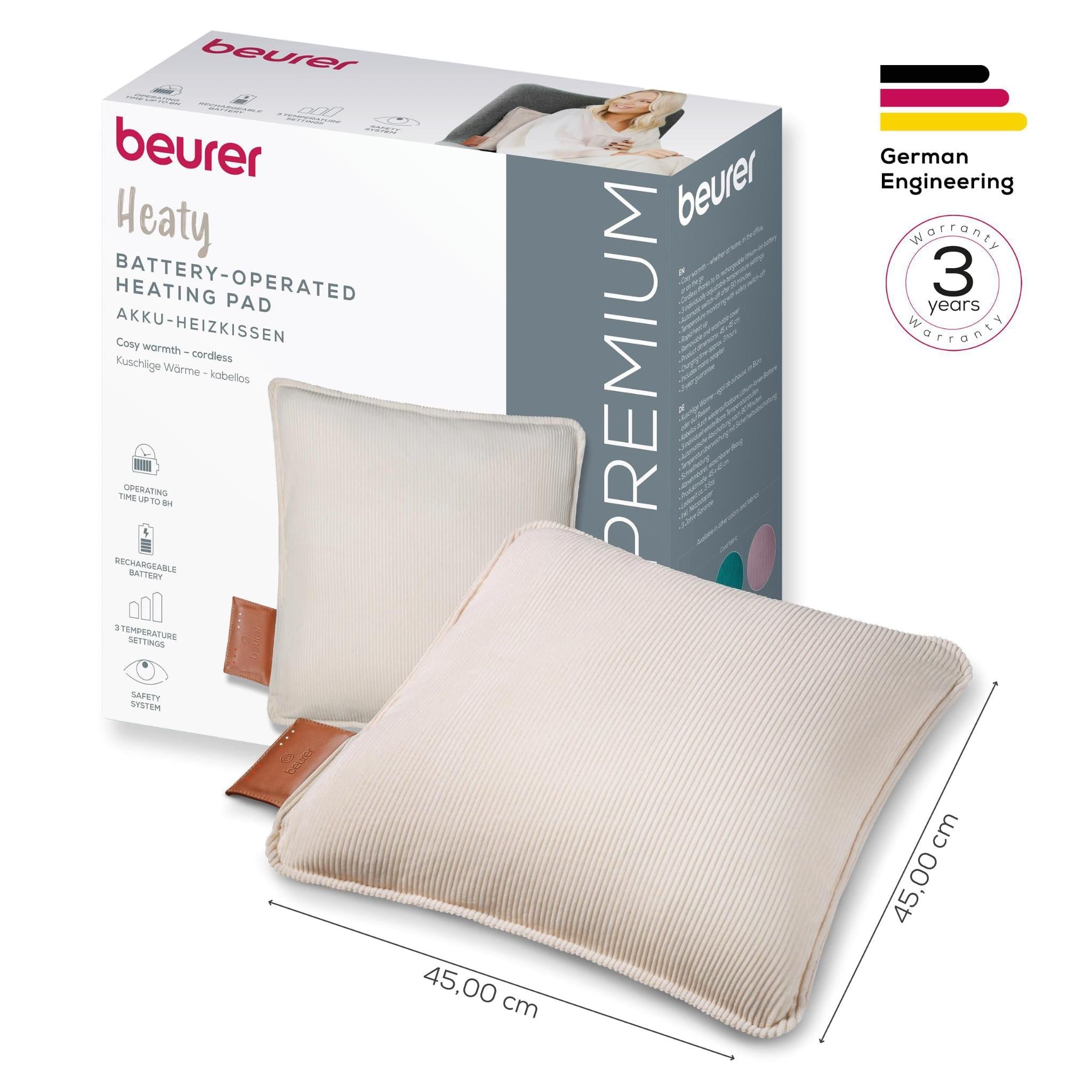 Beurer heated cushion packaging with light cream ribbed cushion and brown control tag.