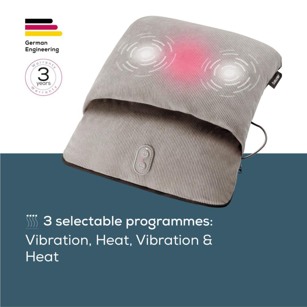 Grey Beurer foot massager cushion with heat and vibration, front control button
