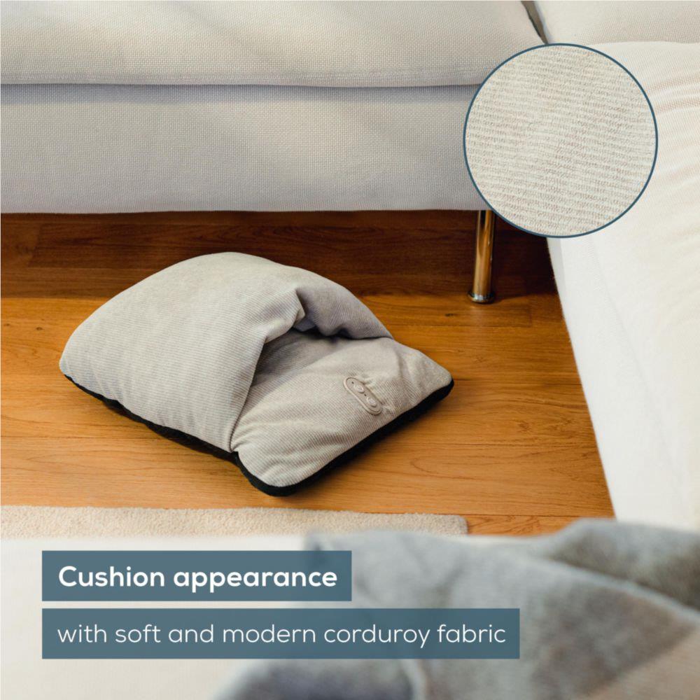 Corded grey foot massager cushion with soft corduroy-style fabric texture