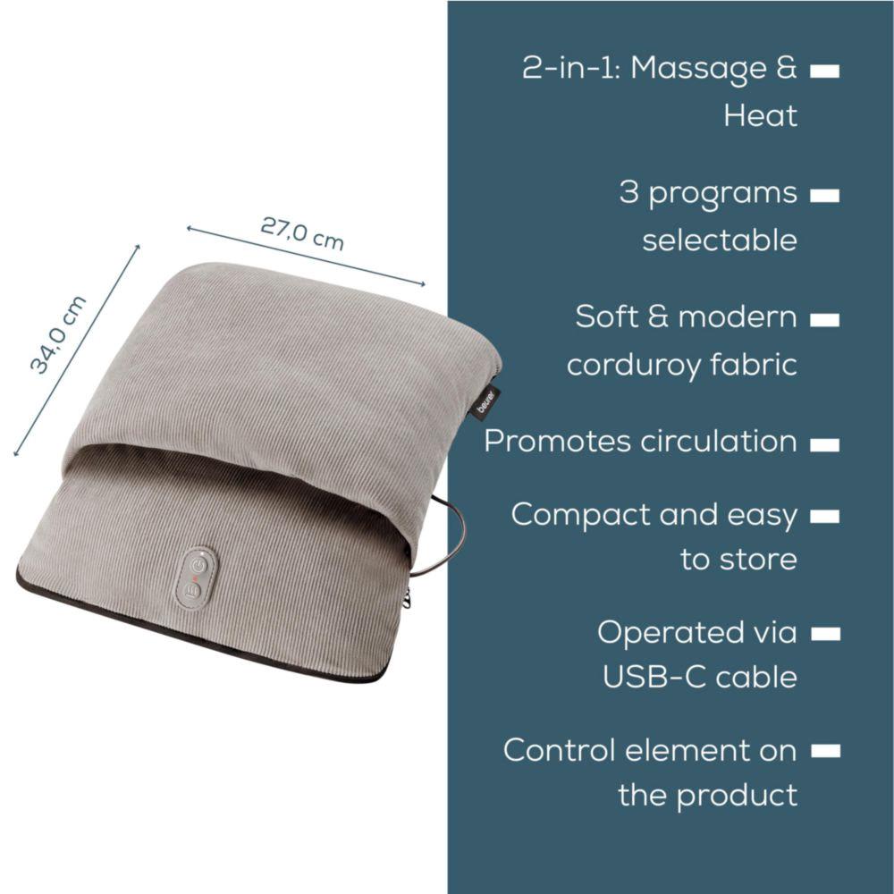 Grey compact foot massager cushion, shows size and control area on front