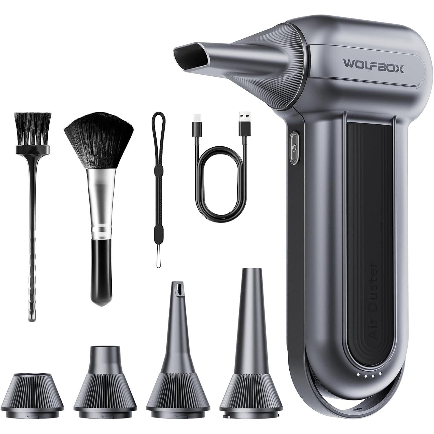 Rechargeable electric air duster with charcoal-gray body and multiple nozzle attachments