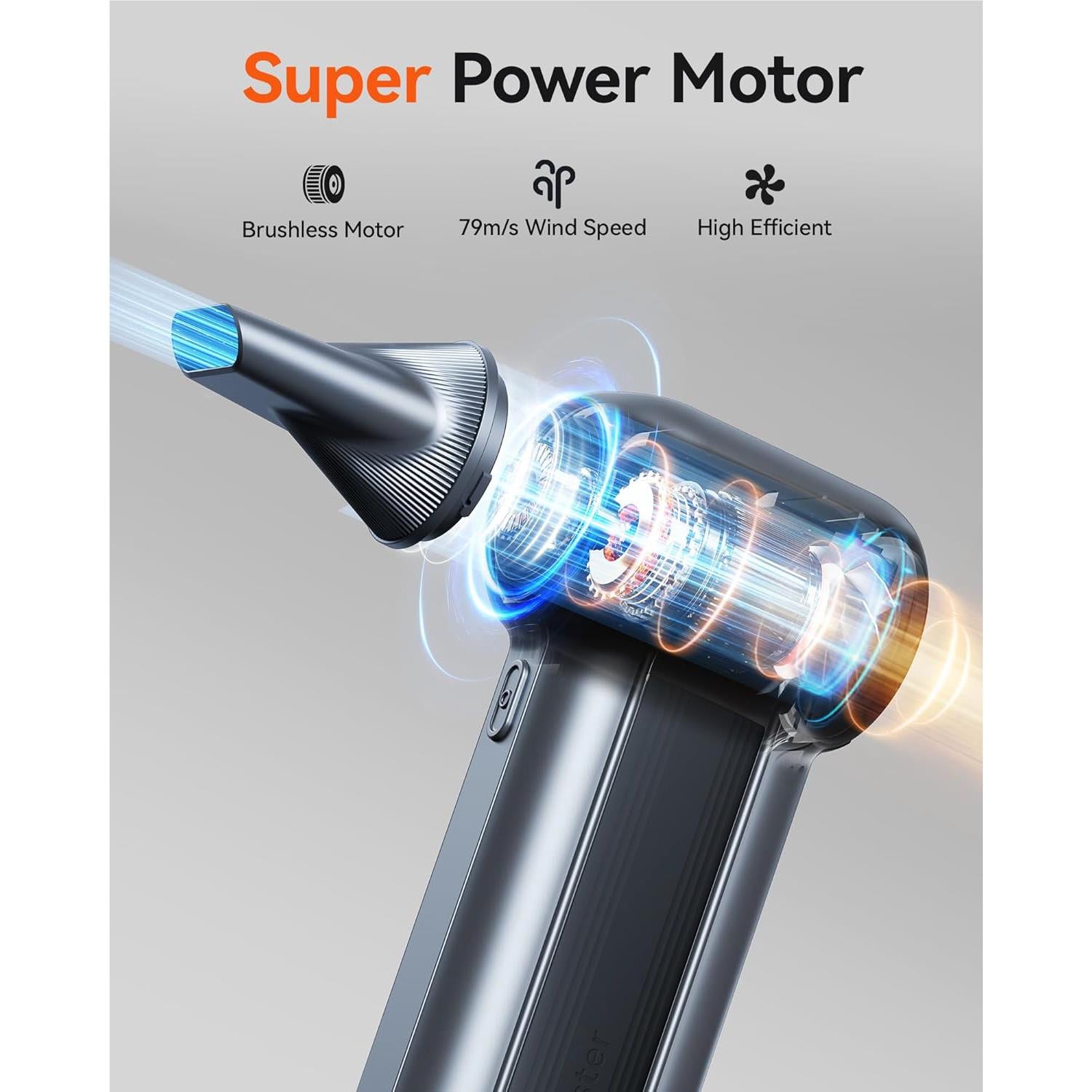 Close-up rechargeable electric air duster blowing nozzle with visible airflow stream effect