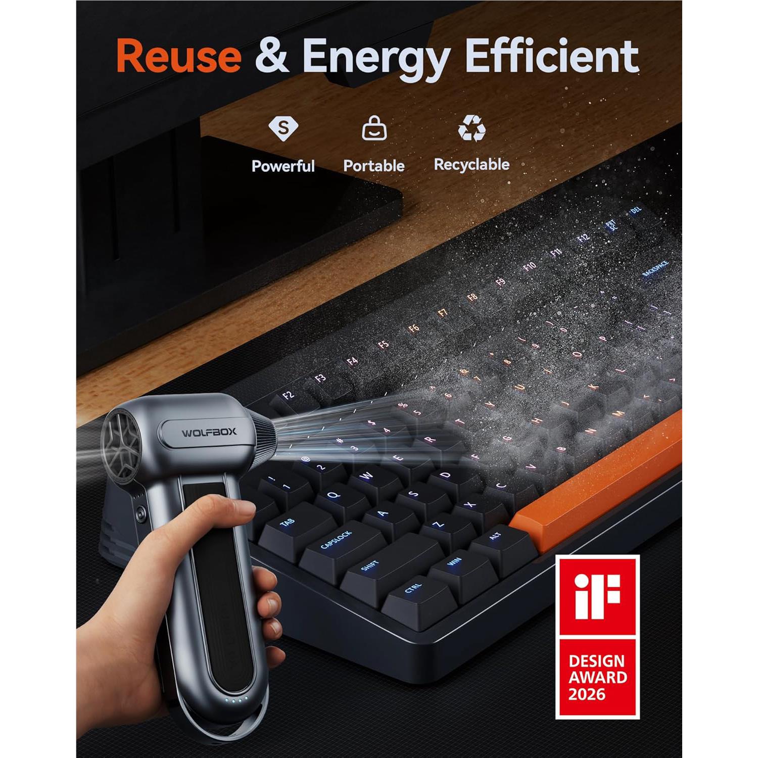 Rechargeable electric air duster held near keyboard surface with nozzle