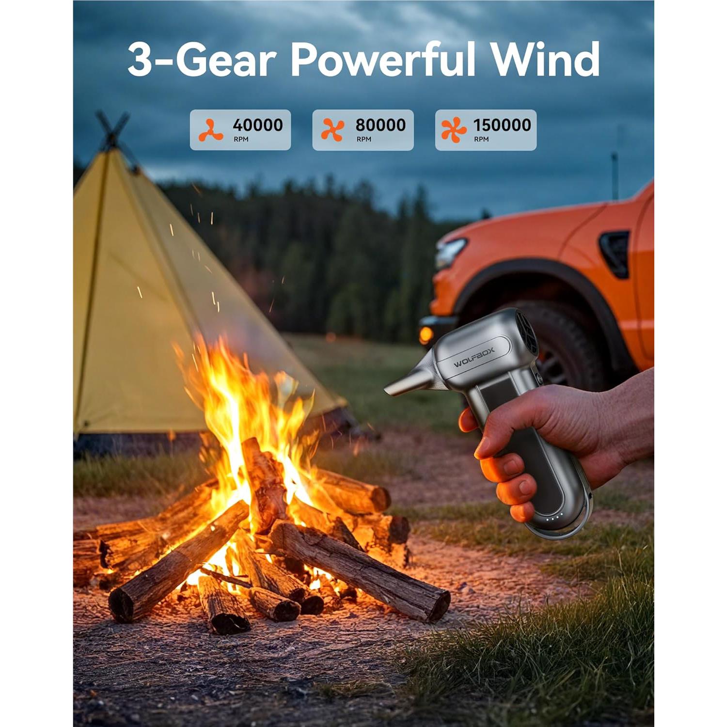 Handheld rechargeable electric air duster spraying airflow near campfire and tent area