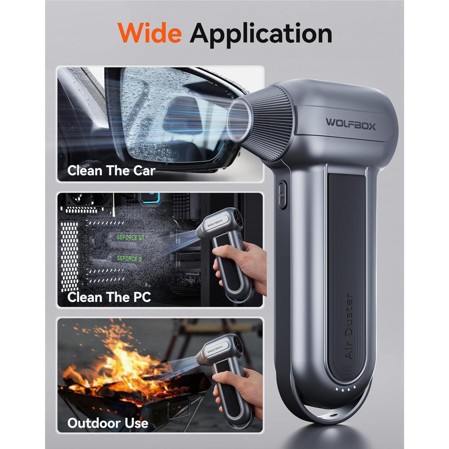 Rechargeable electric air duster with wide nozzle shown beside cleaning target areas