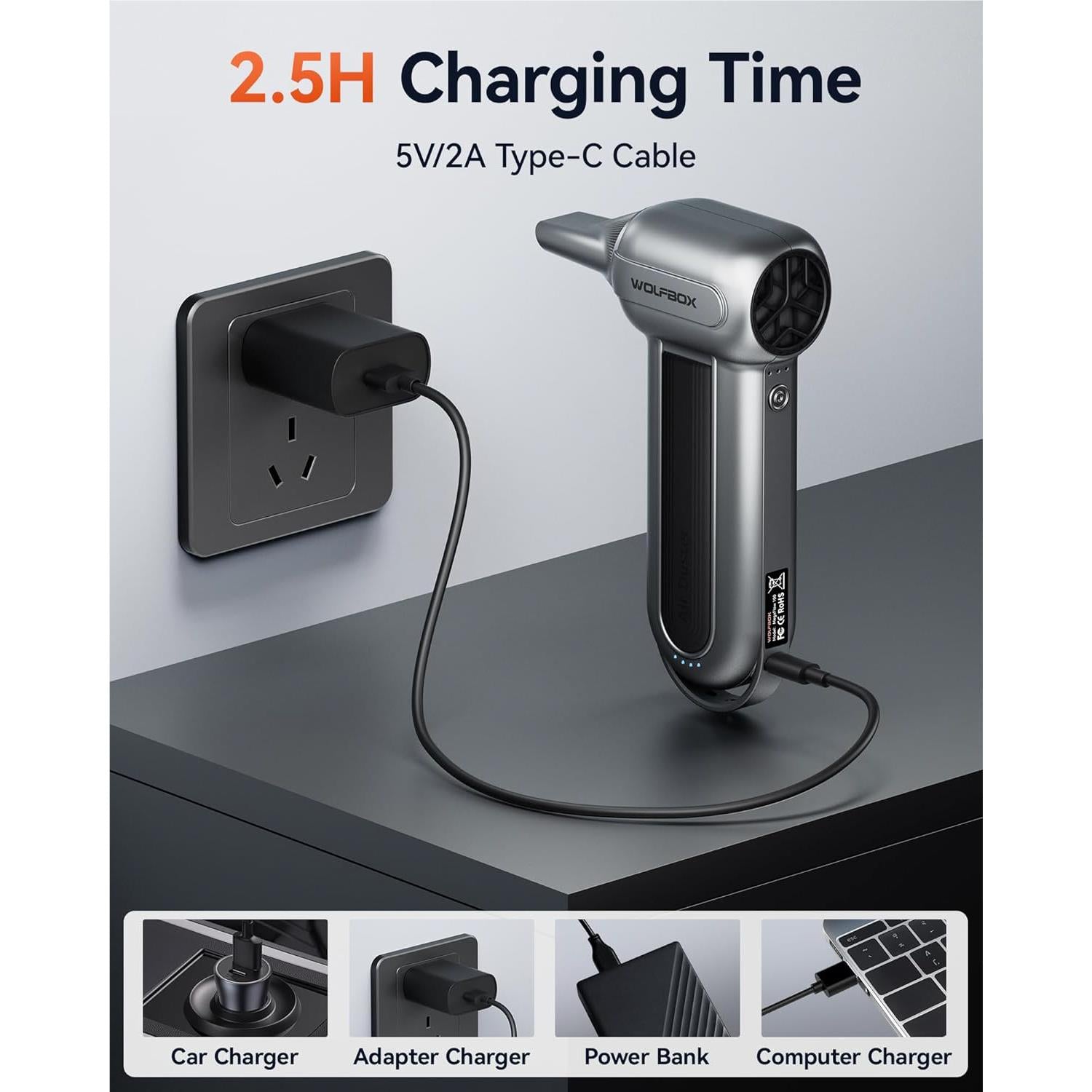 Rechargeable electric air duster charging with Type-C cable connected to base charger