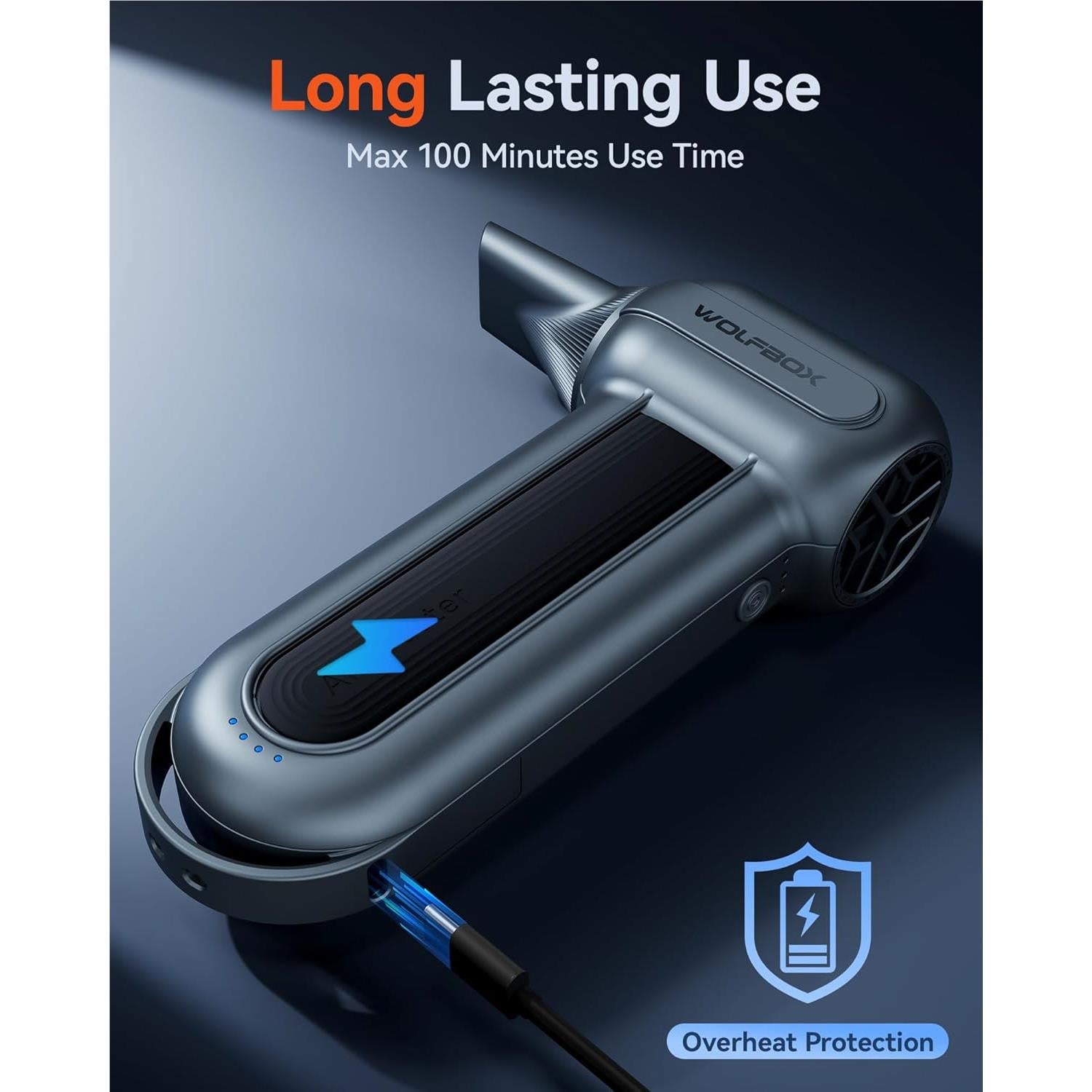 Rechargeable electric air duster angled view with indicator light and airflow vents