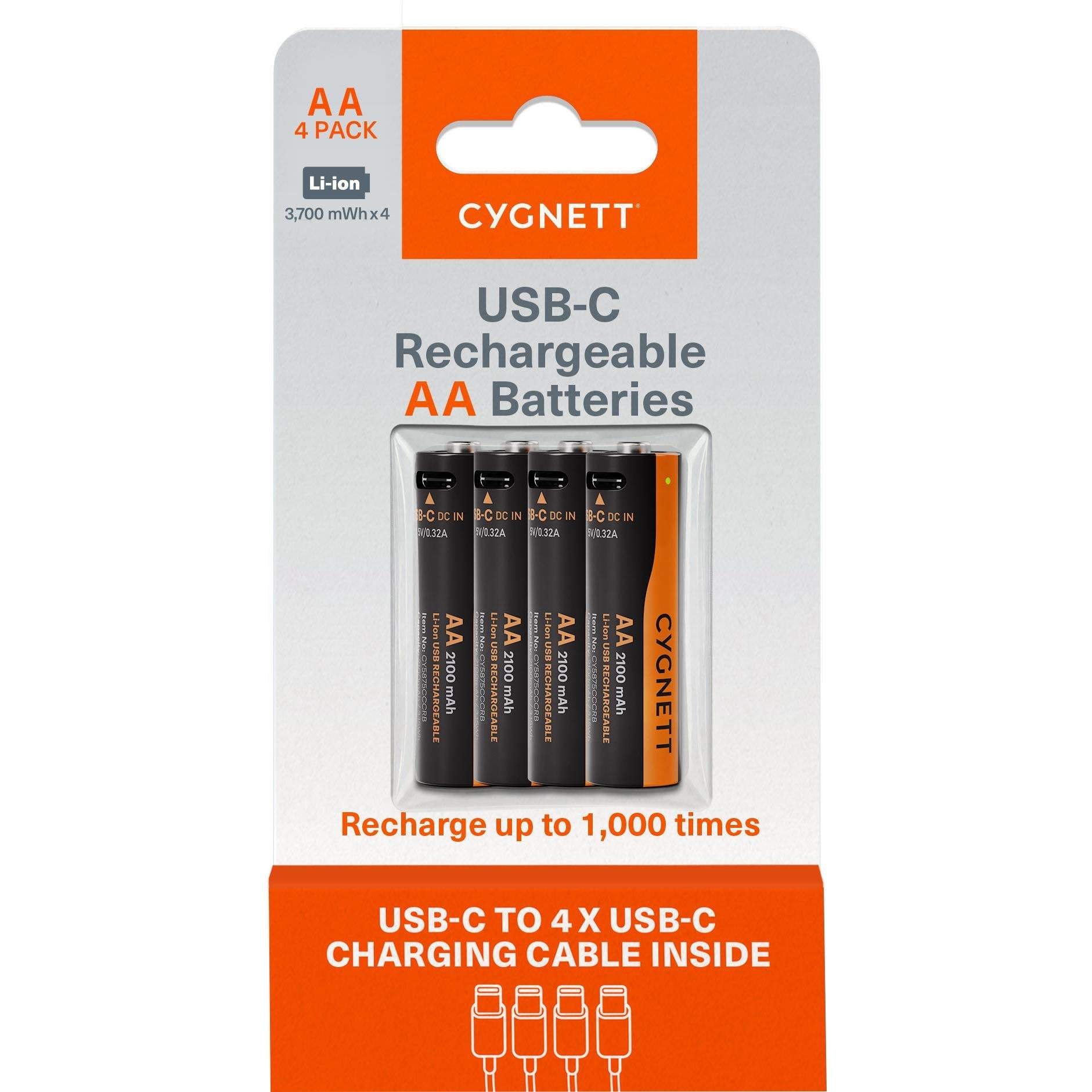Cygnett AA USB-C Rechargeable Batteries (4 Pack)
