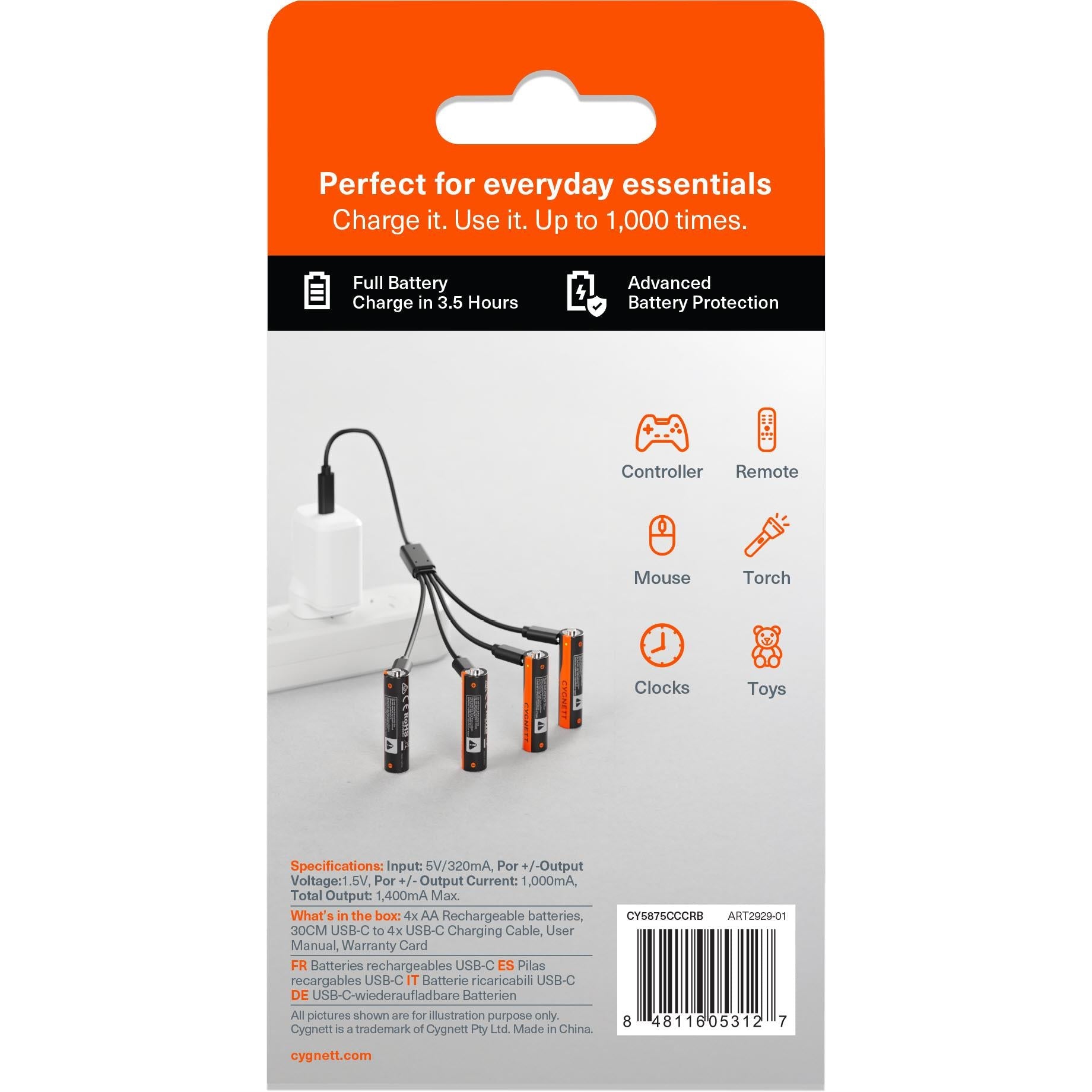 Cygnett AA USB-C Rechargeable Batteries (4 Pack)