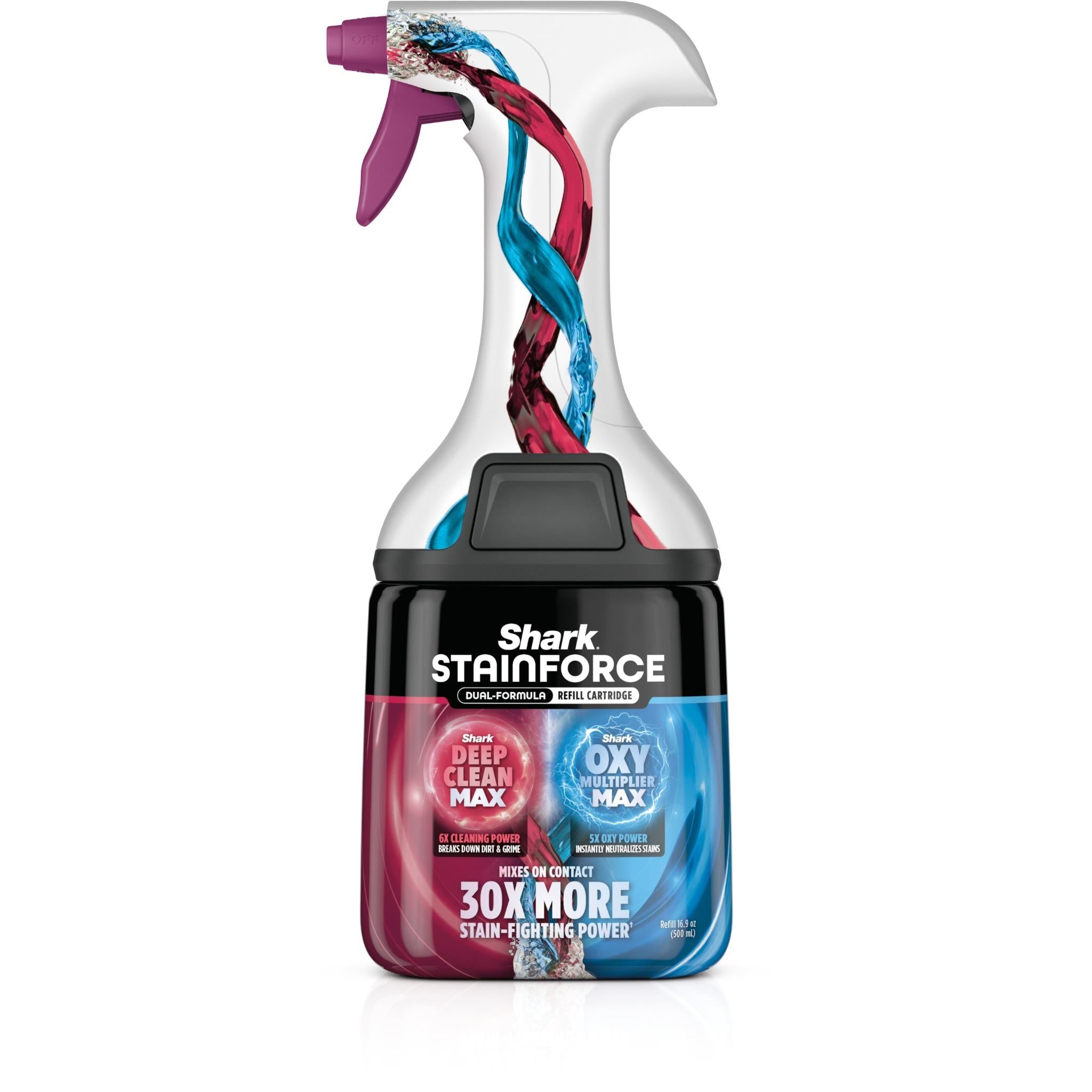 Shark StainForce spray bottle with blue and red stain splash effect