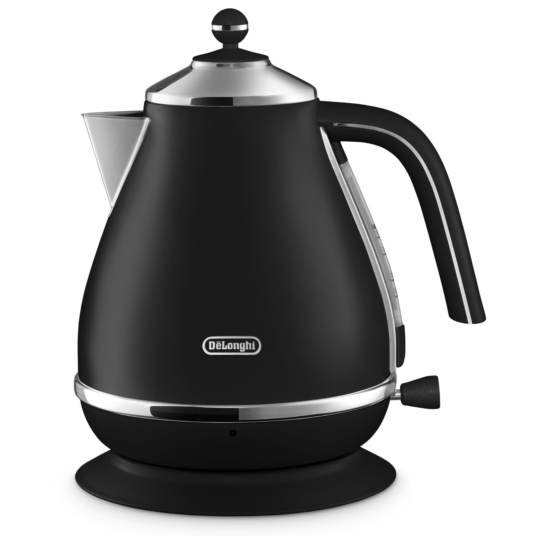 De'Longhi electric kettle, black body with stainless lid knob and pouring spout