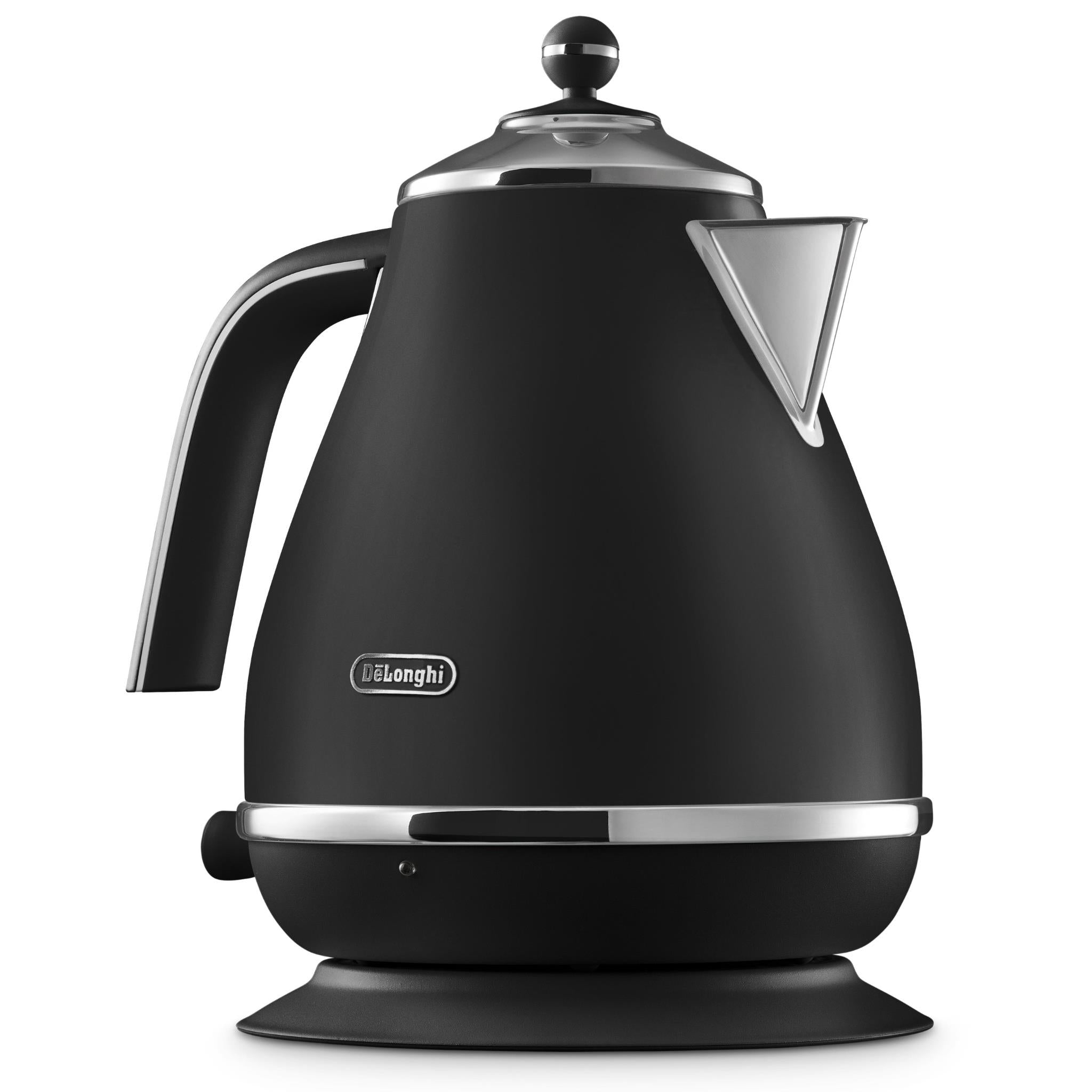 De'Longhi electric kettle, black jug with stainless accents, handle, and pedestal base