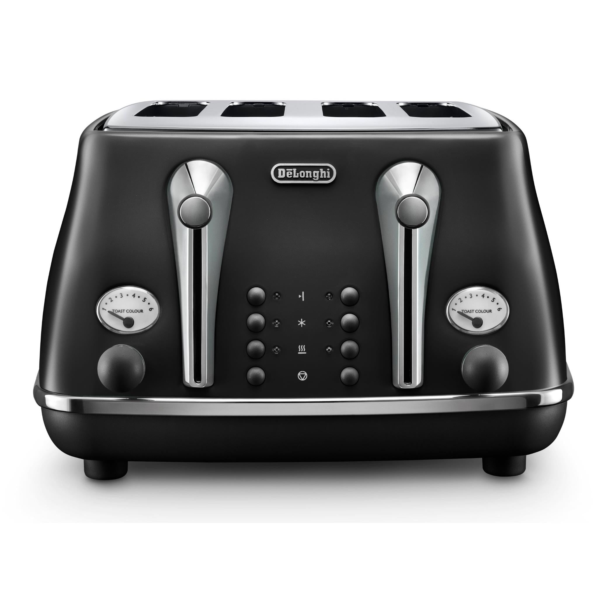 Black 4-slice toaster with two chrome lever handles and control dials