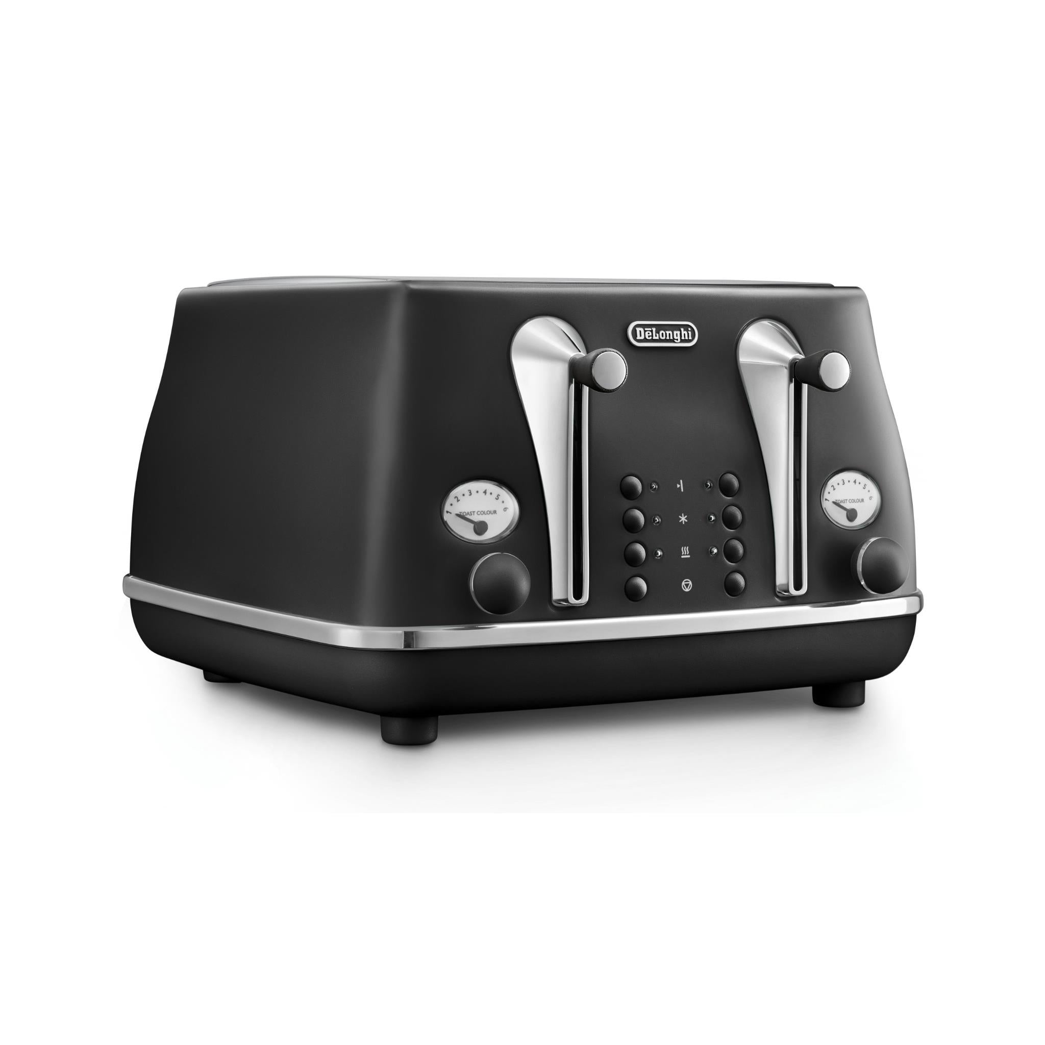 Black 4-slice toaster angled view with side control knobs and chrome levers