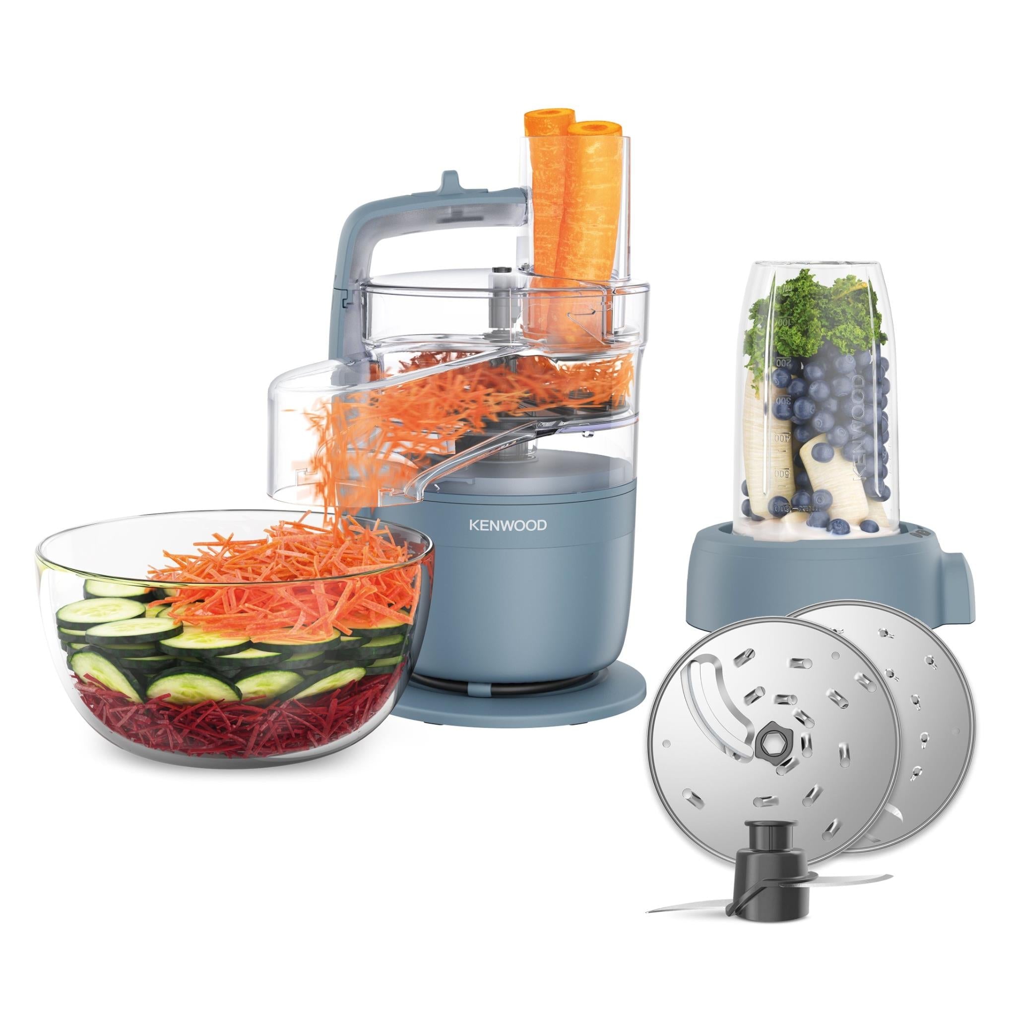 Storm Blue food processor blender base with clear jug, lid, and blade disc