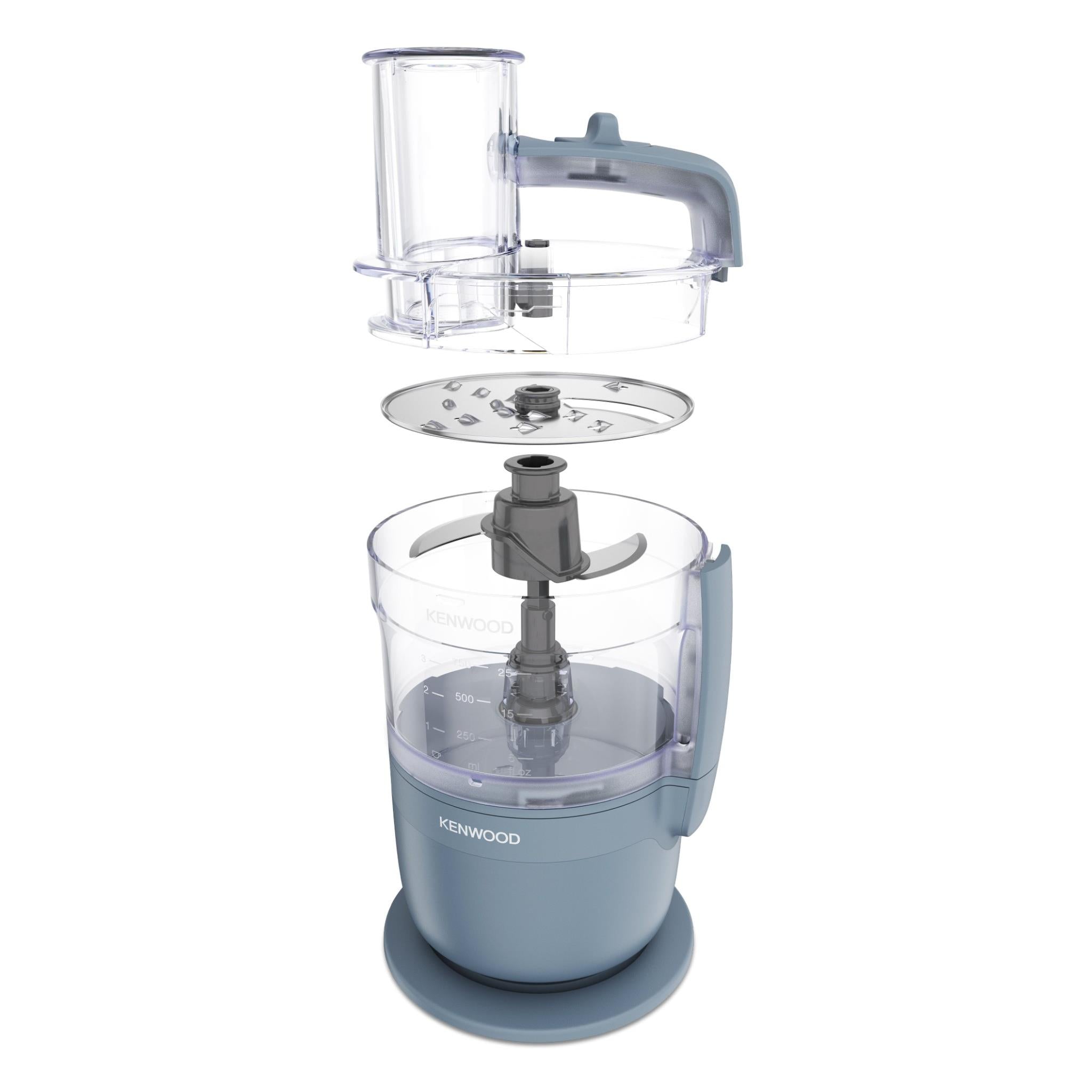 Storm Blue food processor with clear blender jug and stacked blade and lid parts