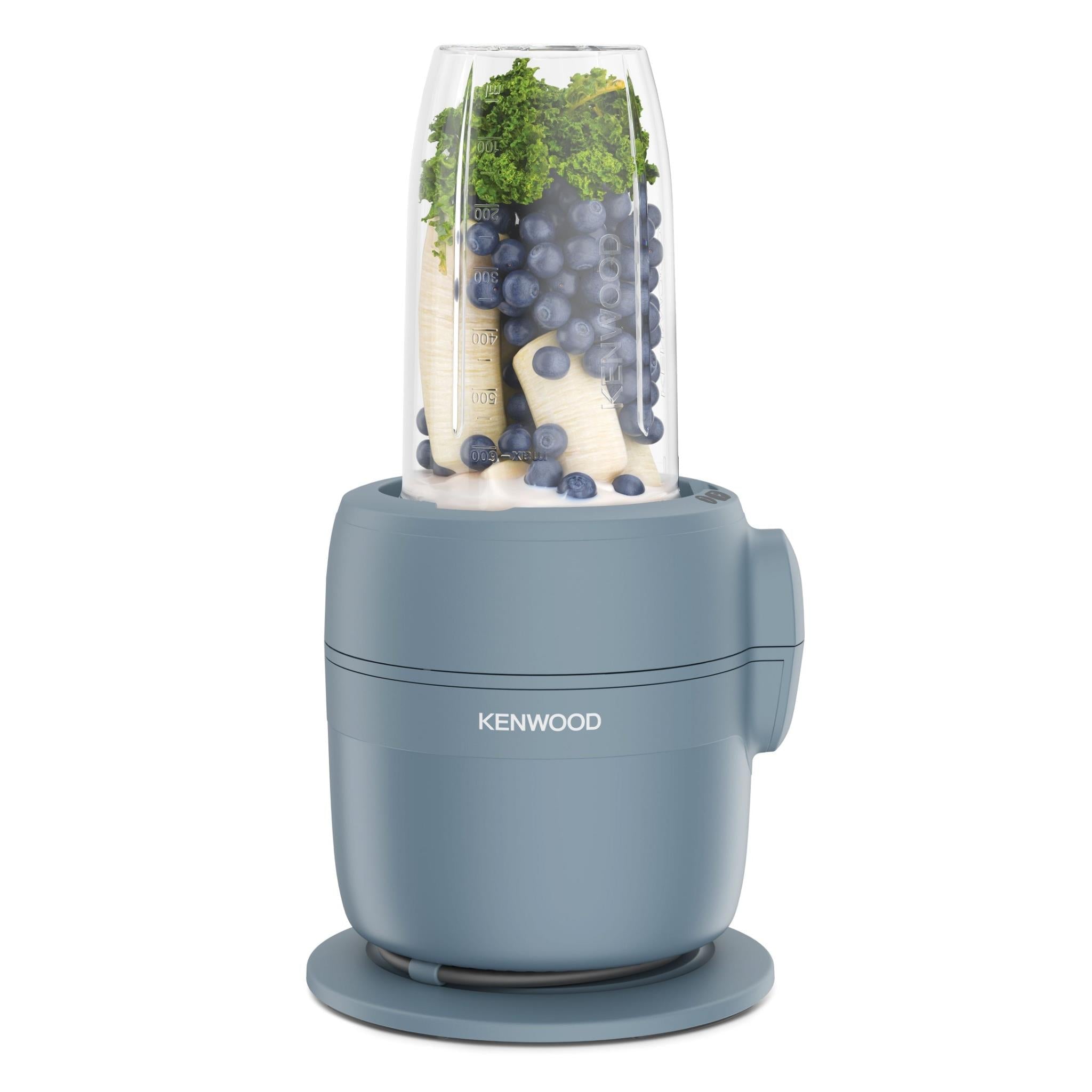 Storm Blue blender jug filled with grapes, olives, and herb pieces