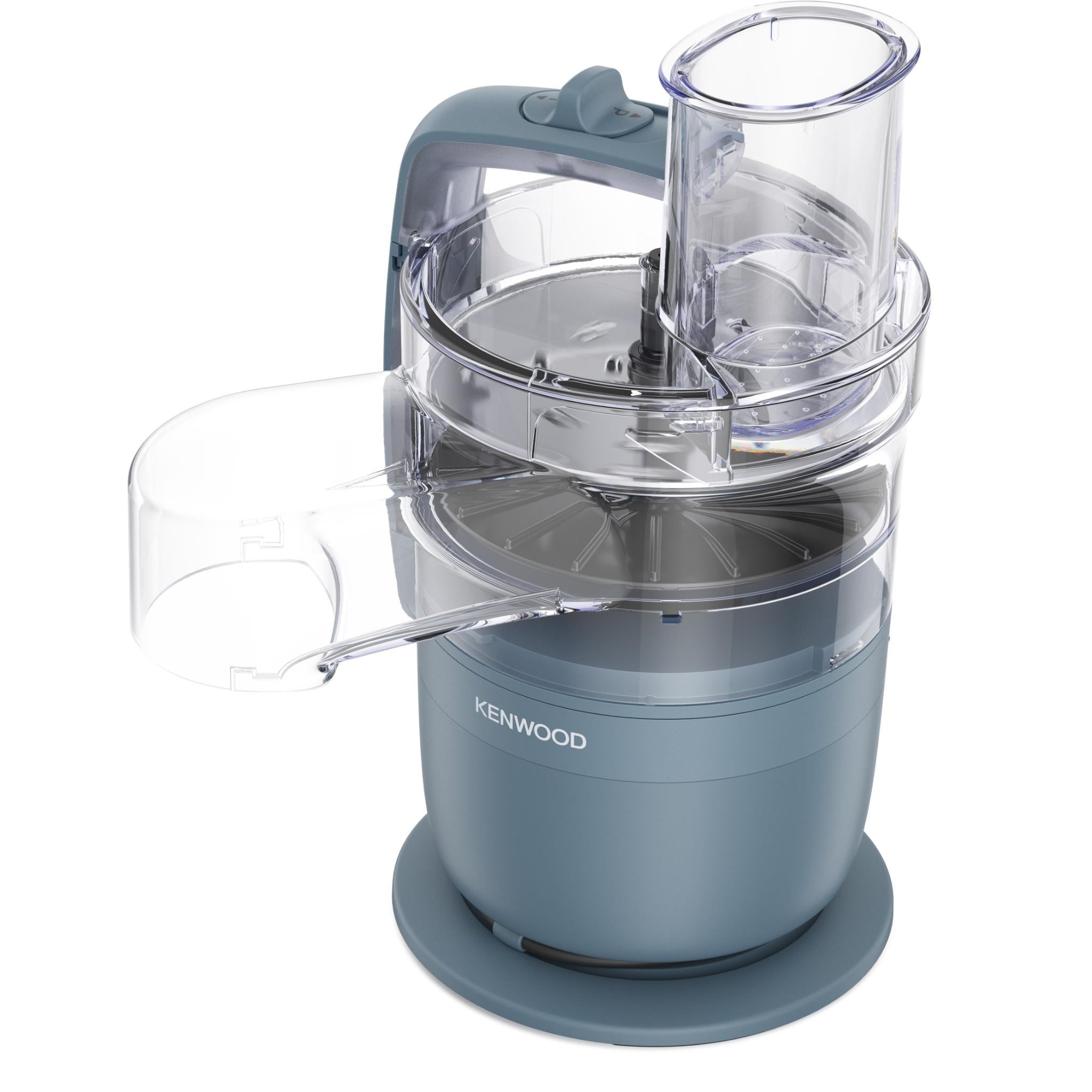 Storm Blue food processor with clear jug cover and internal blade assembly