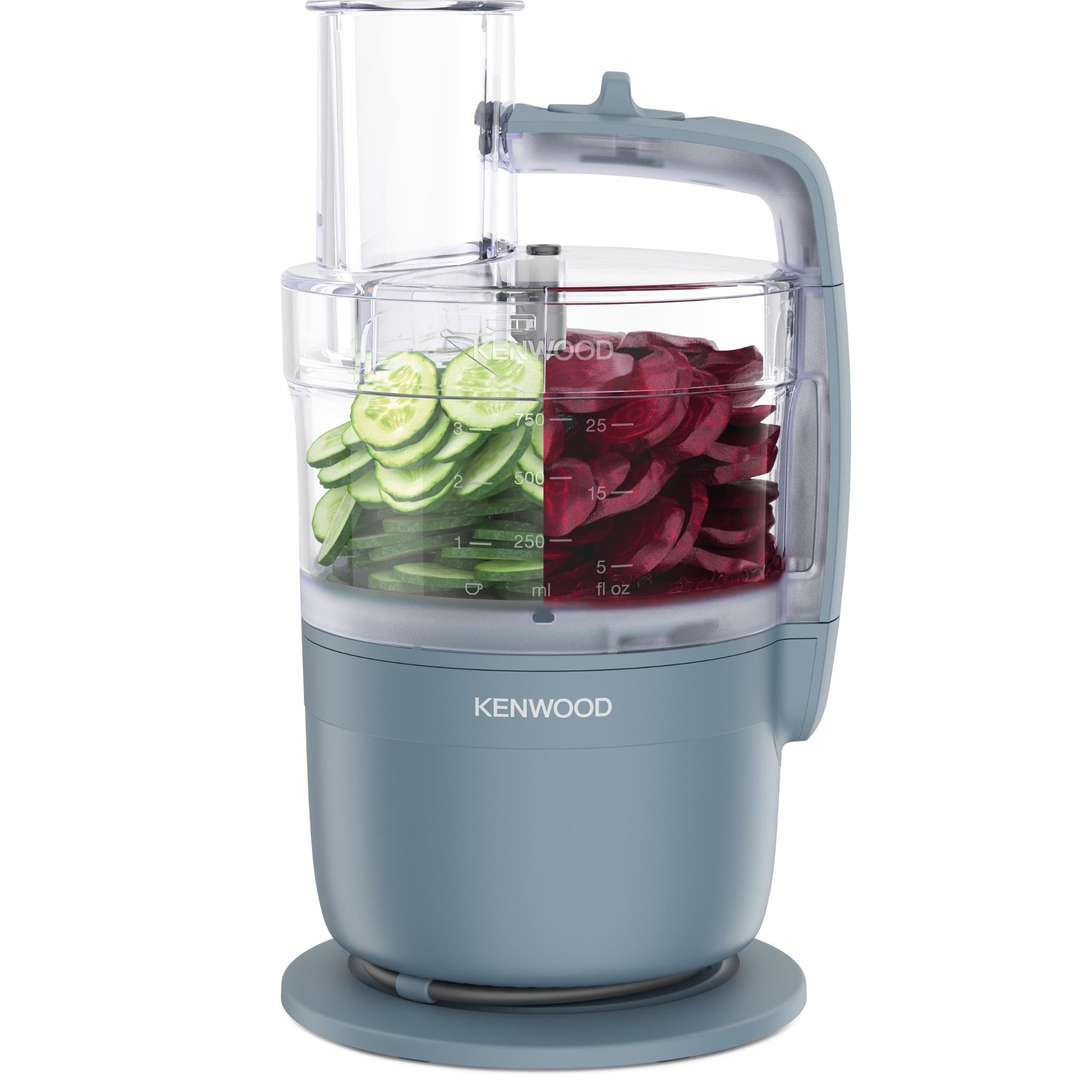 Storm Blue food processor jug filled with sliced cucumber and beet