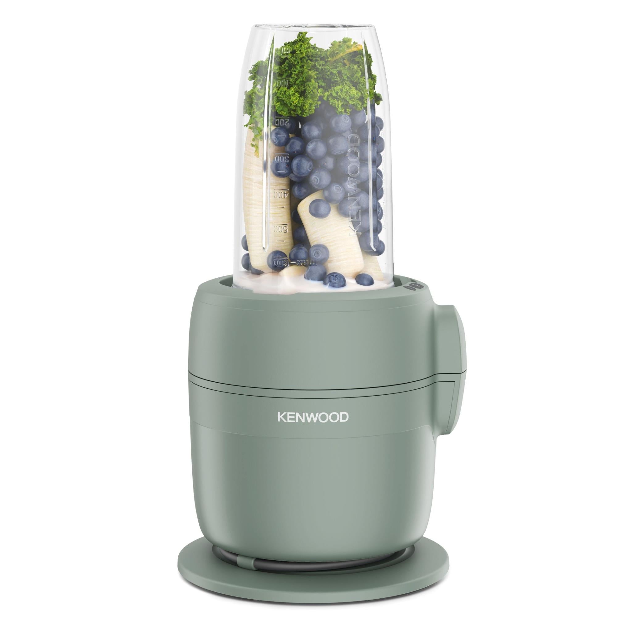 Kenwood MultiPro Go food processor with filled clear blender jug and eucalyptus base