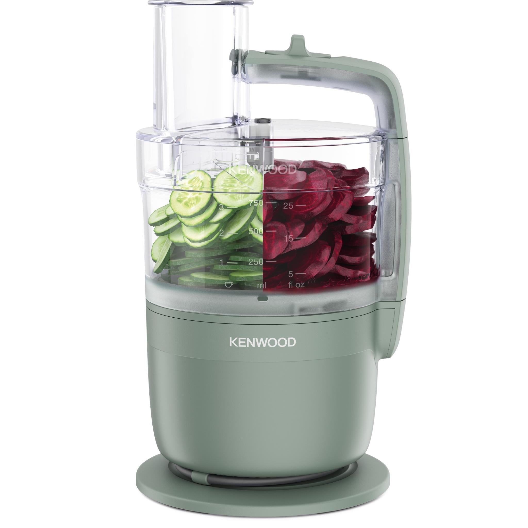 Kenwood MultiPro Go food processor with clear jug holding sliced vegetables