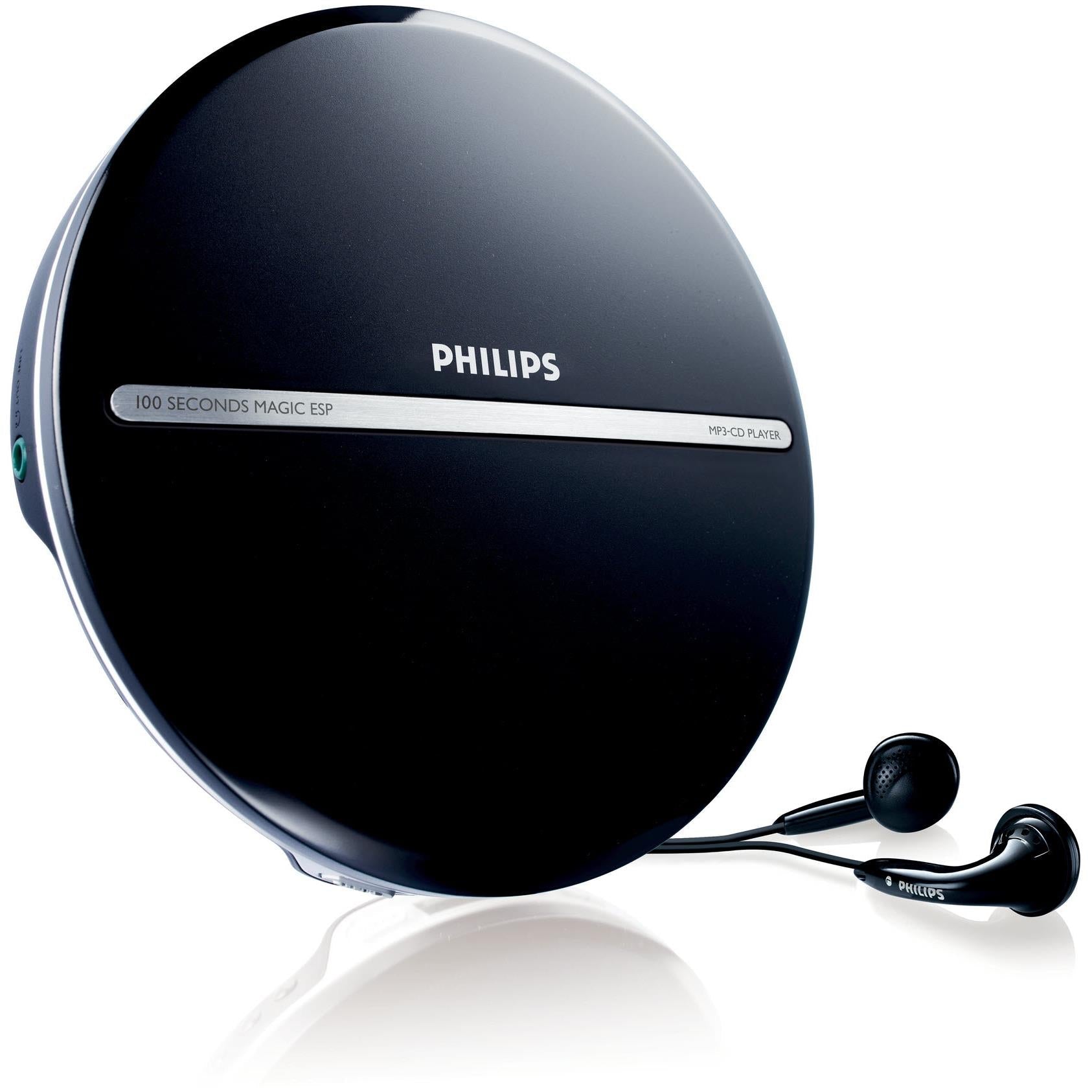 Black Philips portable MP3 CD player with earbuds, round disc lid