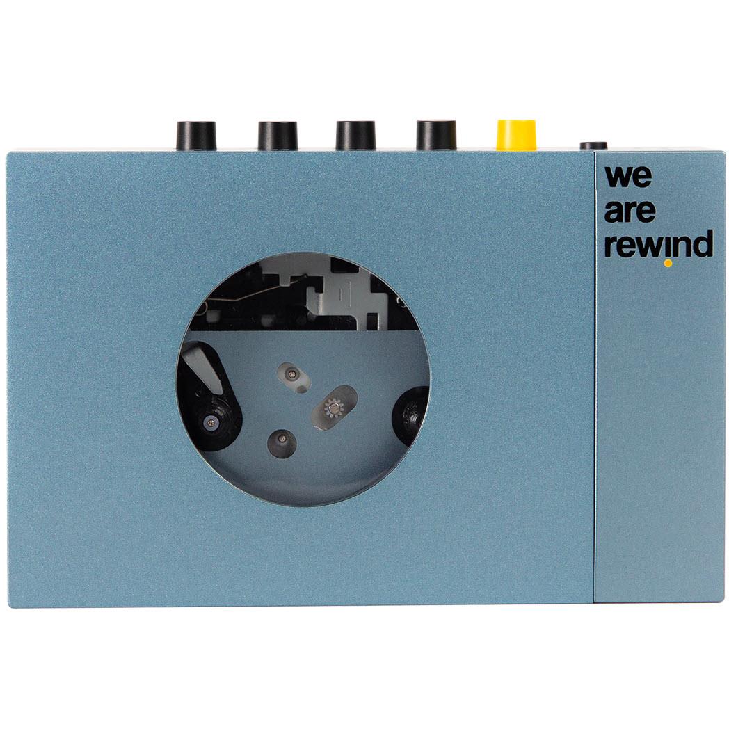 Blue rechargeable Bluetooth cassette player with top controls and We Are Rewind logo