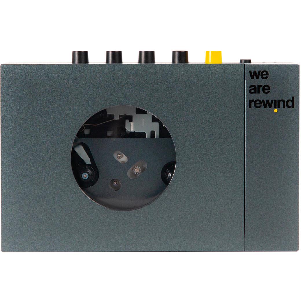 Retro Bluetooth cassette player front view with cassette window and We Are Rewind logo