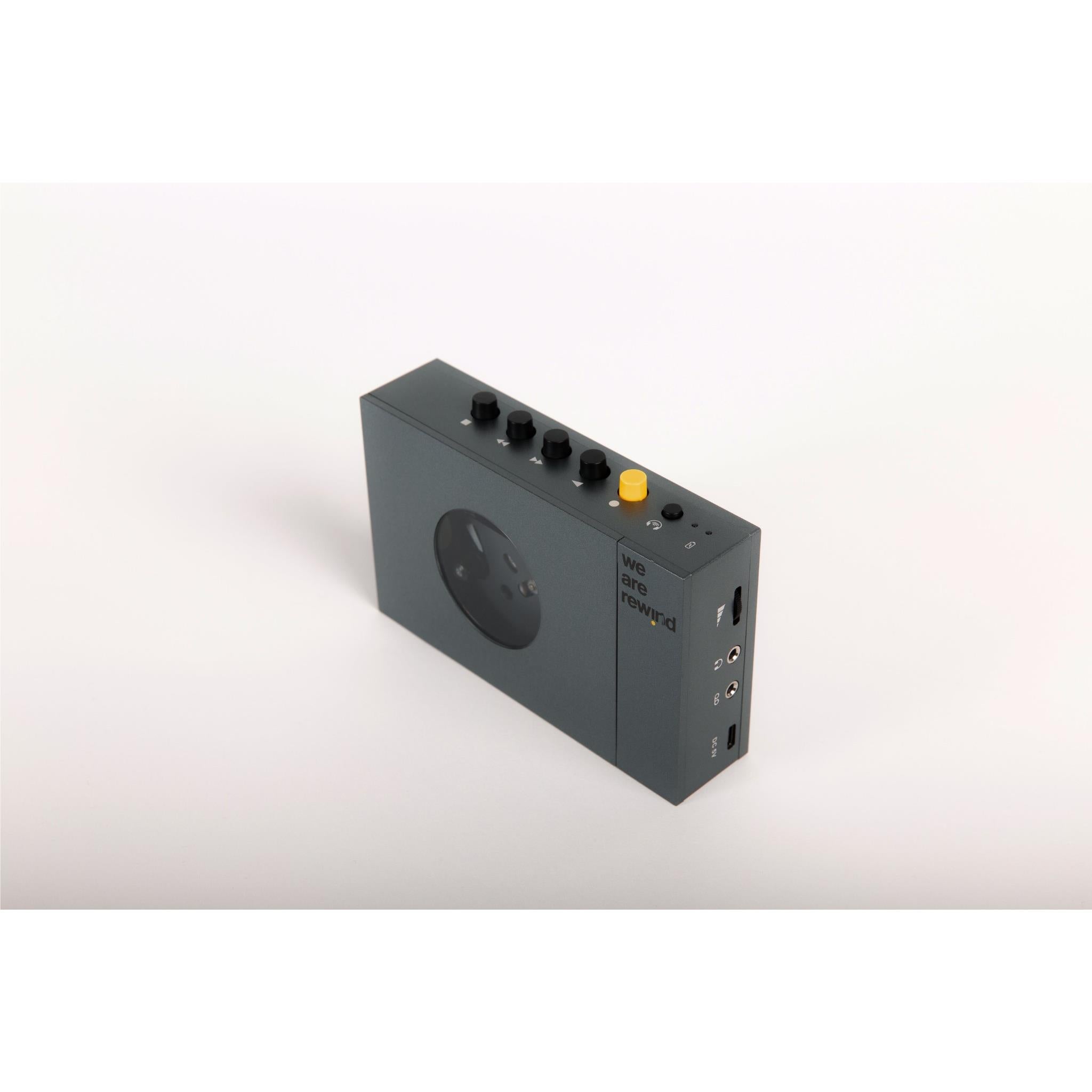 Retro Bluetooth cassette player angled view with top knobs and side ports