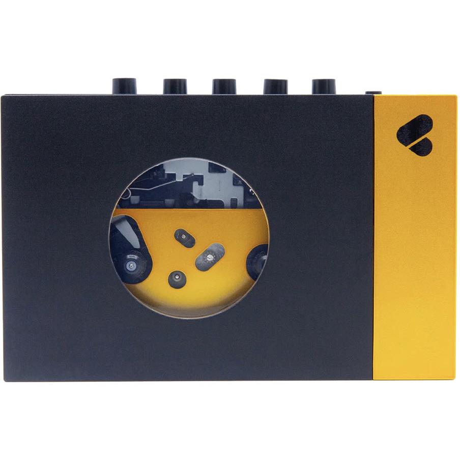 Bluetooth cassette player with black and yellow body, circular display window