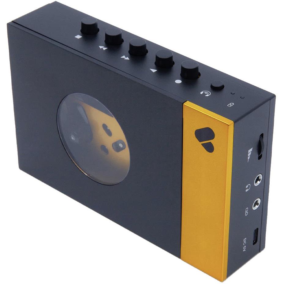 Bluetooth cassette player angled view, top buttons and yellow side panel