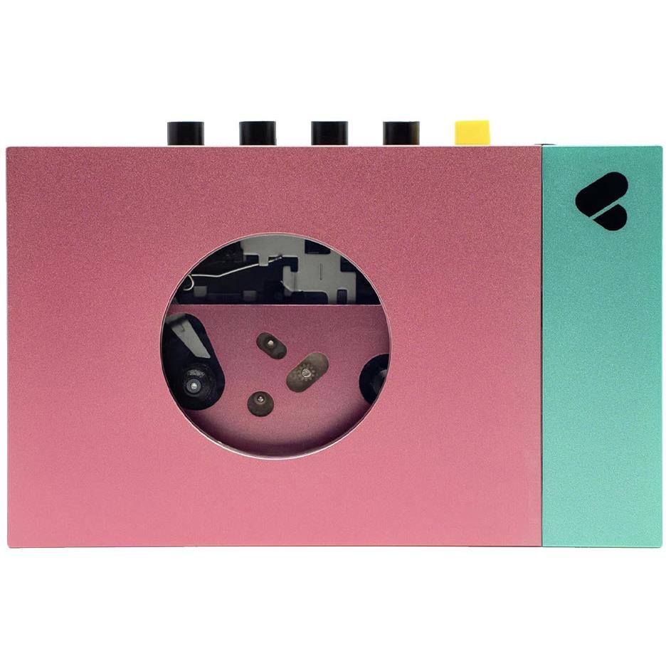 Pink portable cassette player with round window and teal side panel