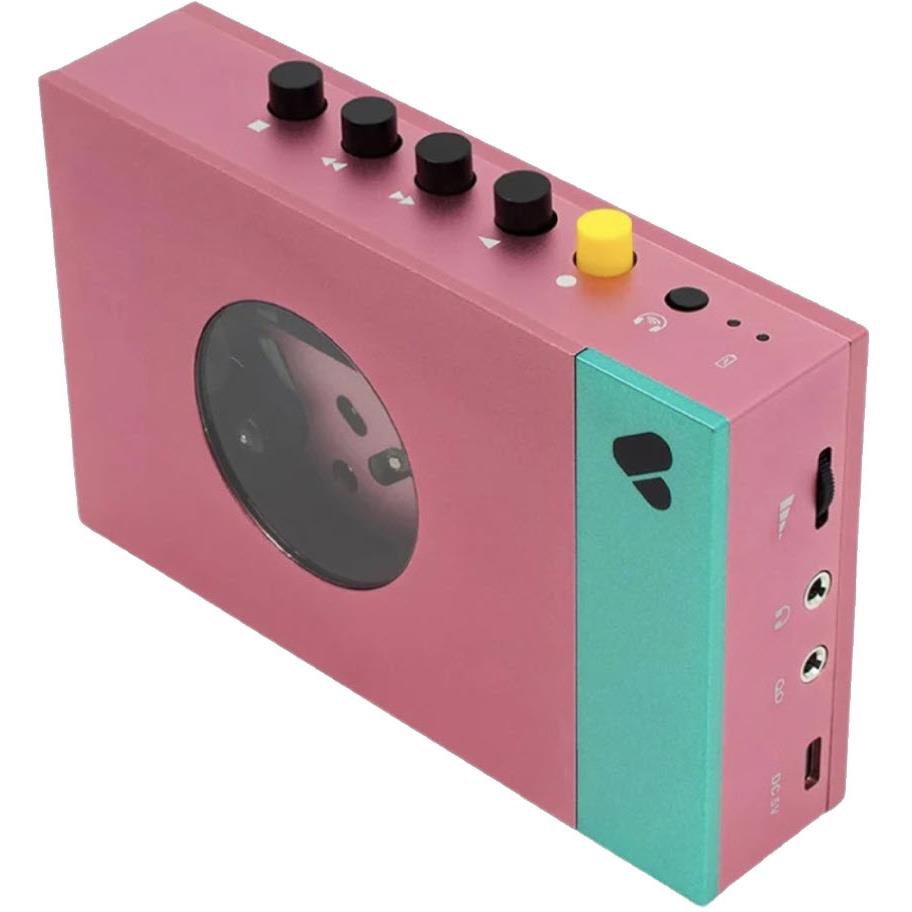 Pink portable cassette player with top knobs and teal side panel