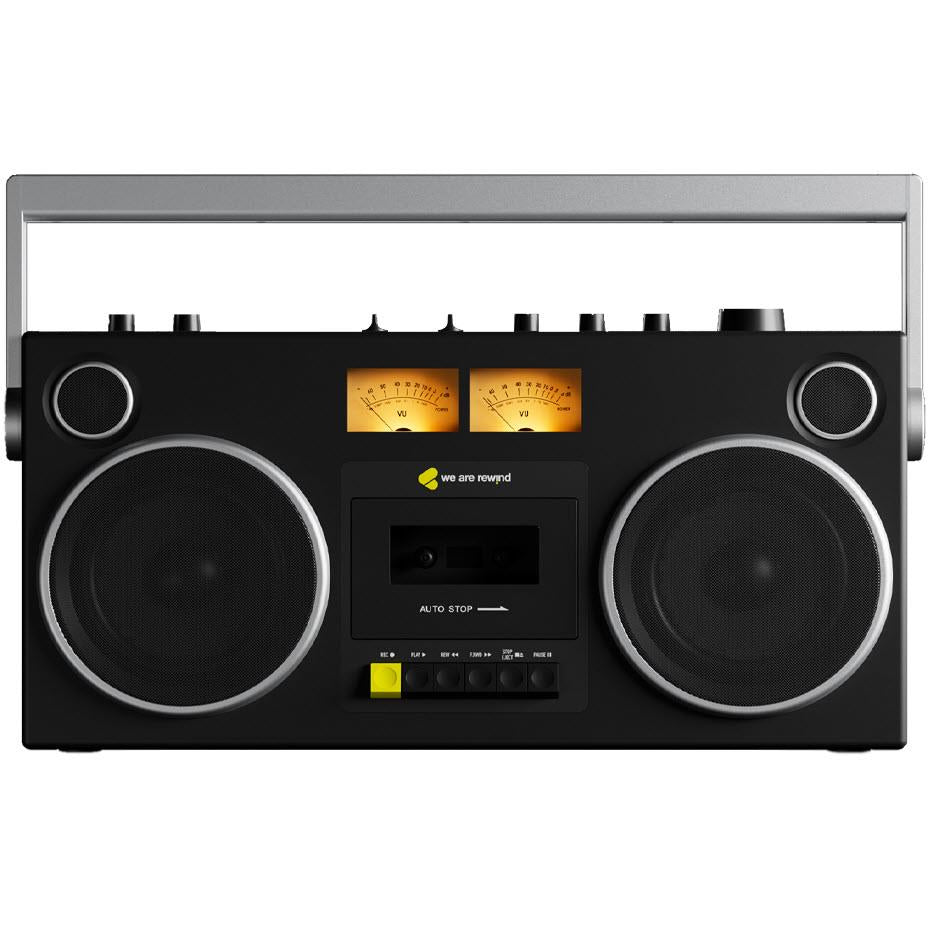Black cassette boombox with two large speaker grilles and control panel