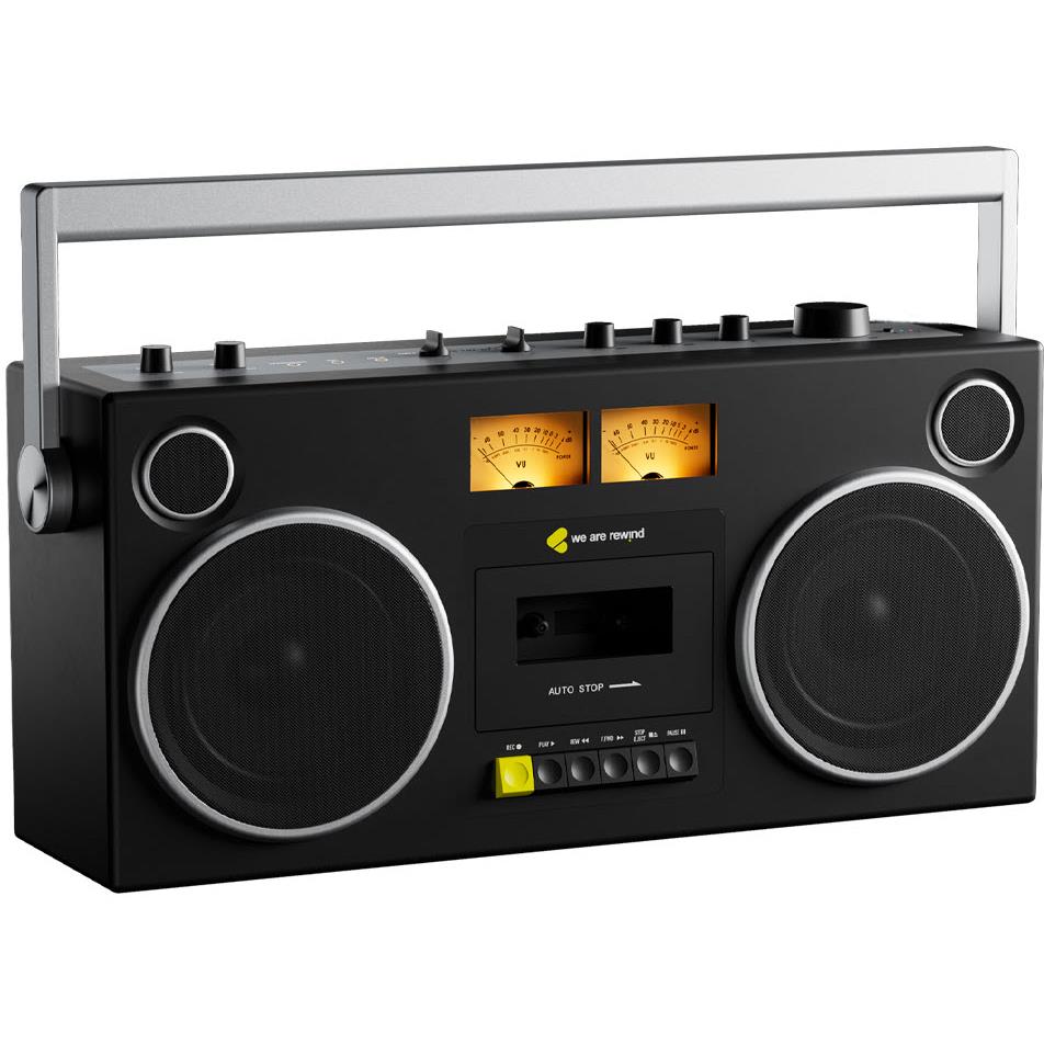 Black cassette boombox front view with twin speakers and cassette deck controls