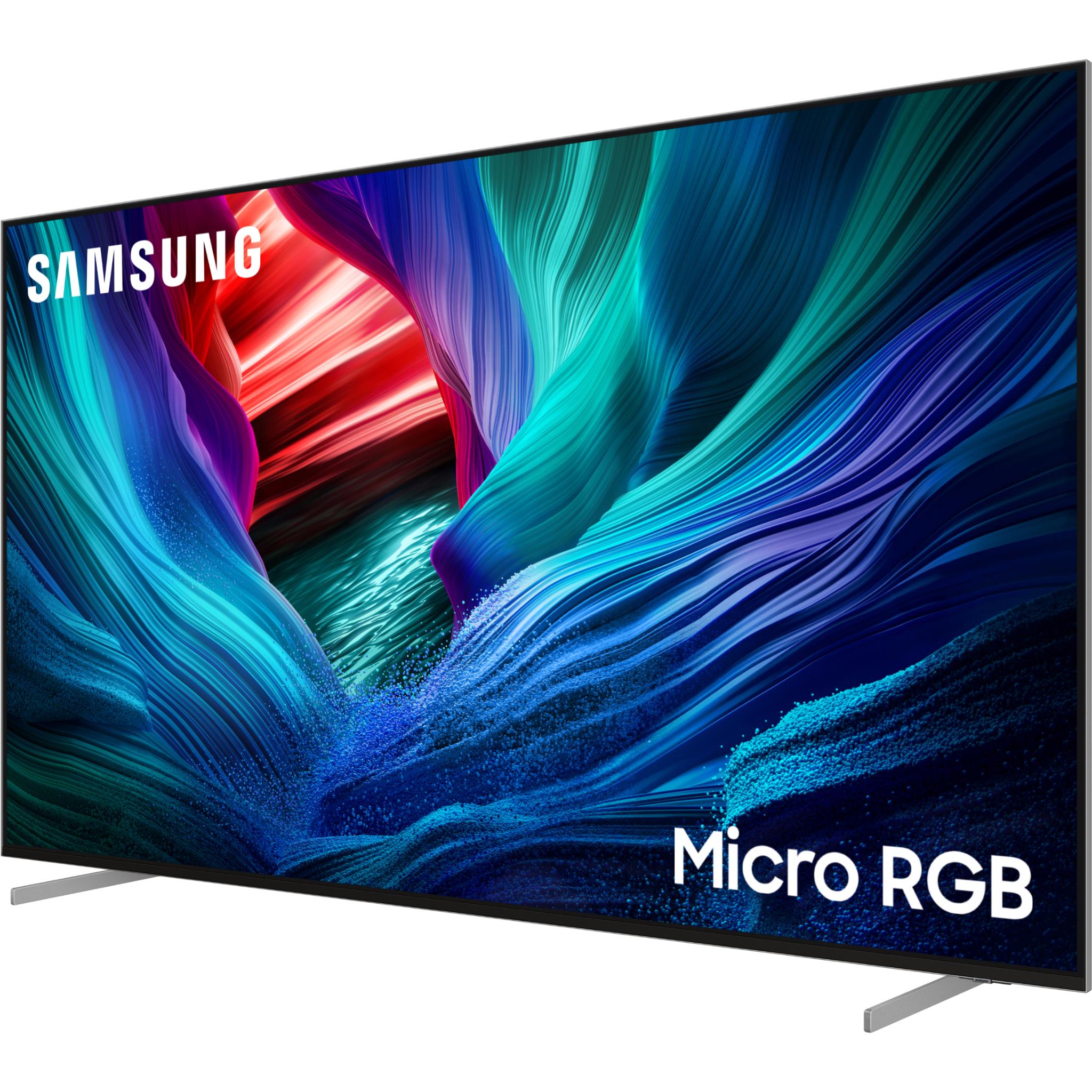Samsung Micro RGB Smart TV, angled view, with “Micro RGB” text on colorful screen