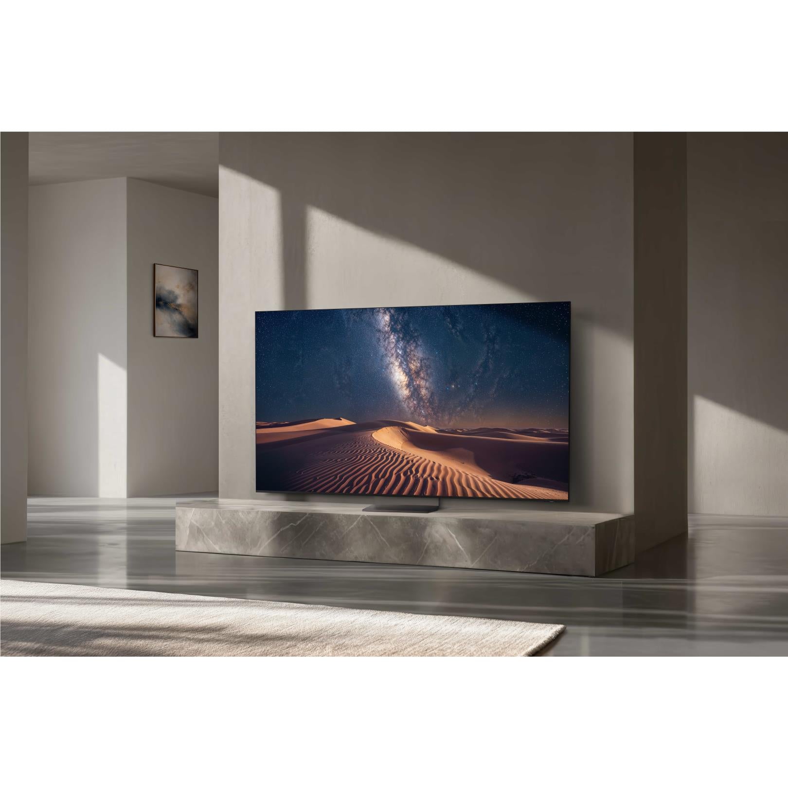 Samsung Micro RGB Smart TV on console displaying desert landscape