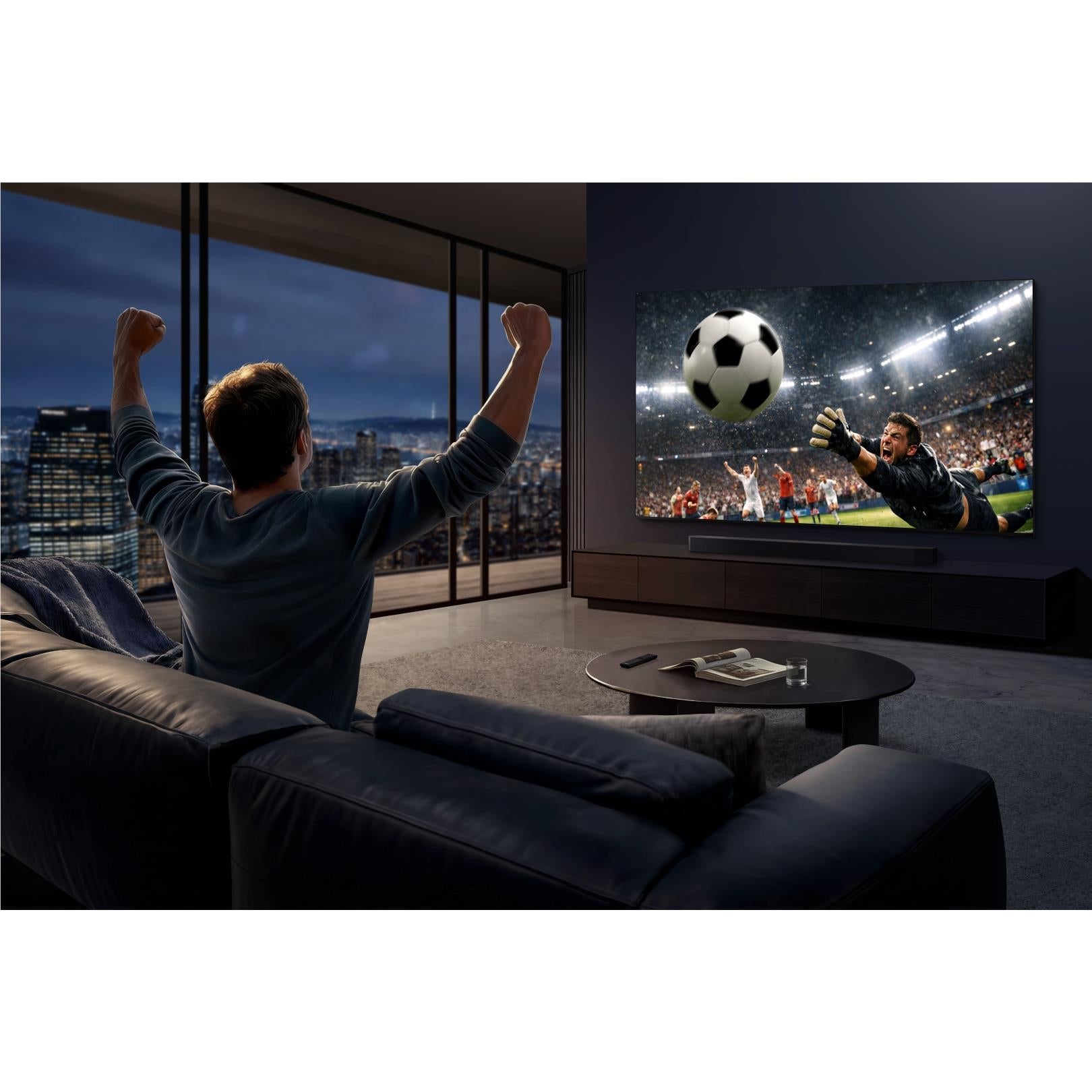 Samsung Micro RGB Smart TV displaying a soccer match on screen