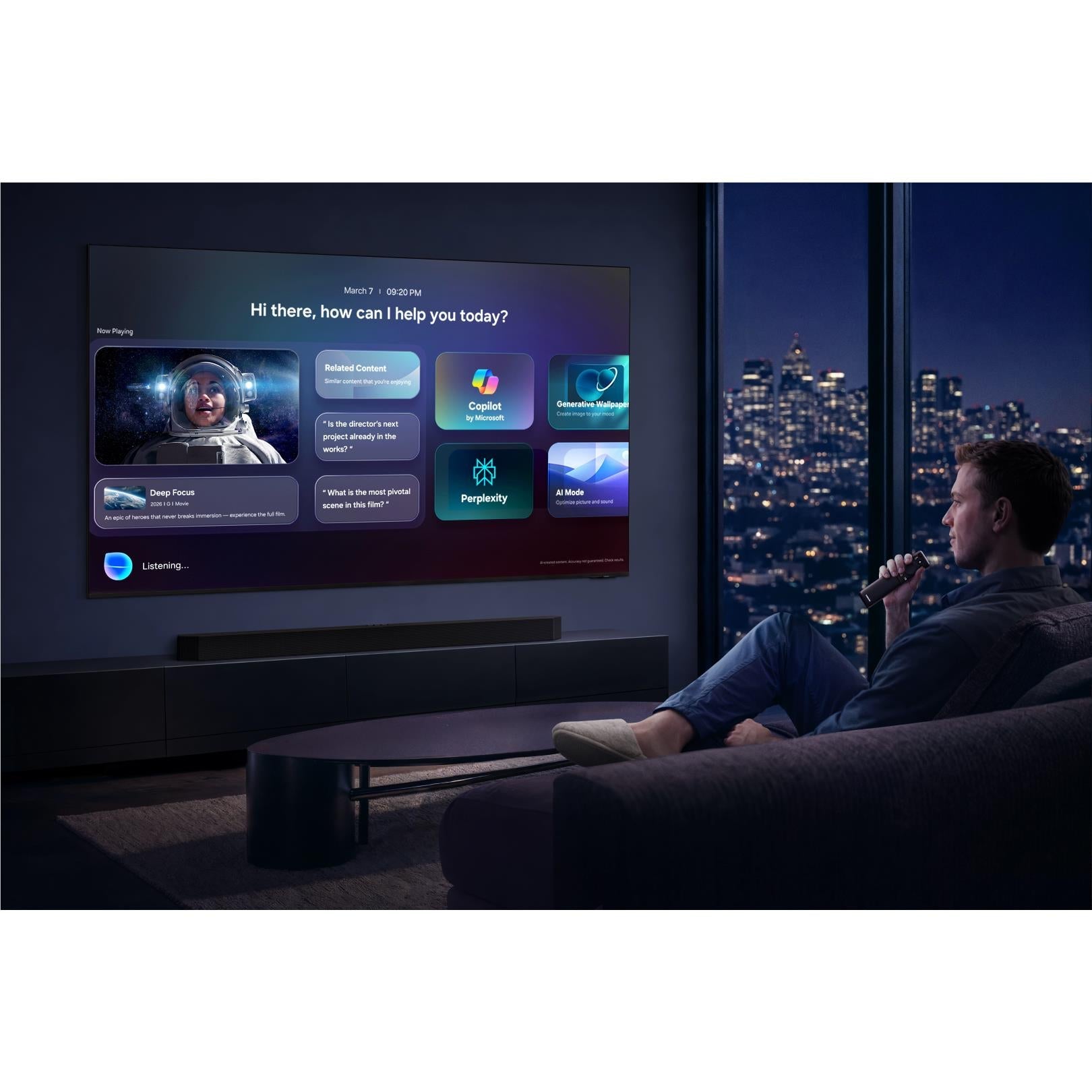 Samsung Micro RGB Smart TV showing smart assistant menu interface on screen