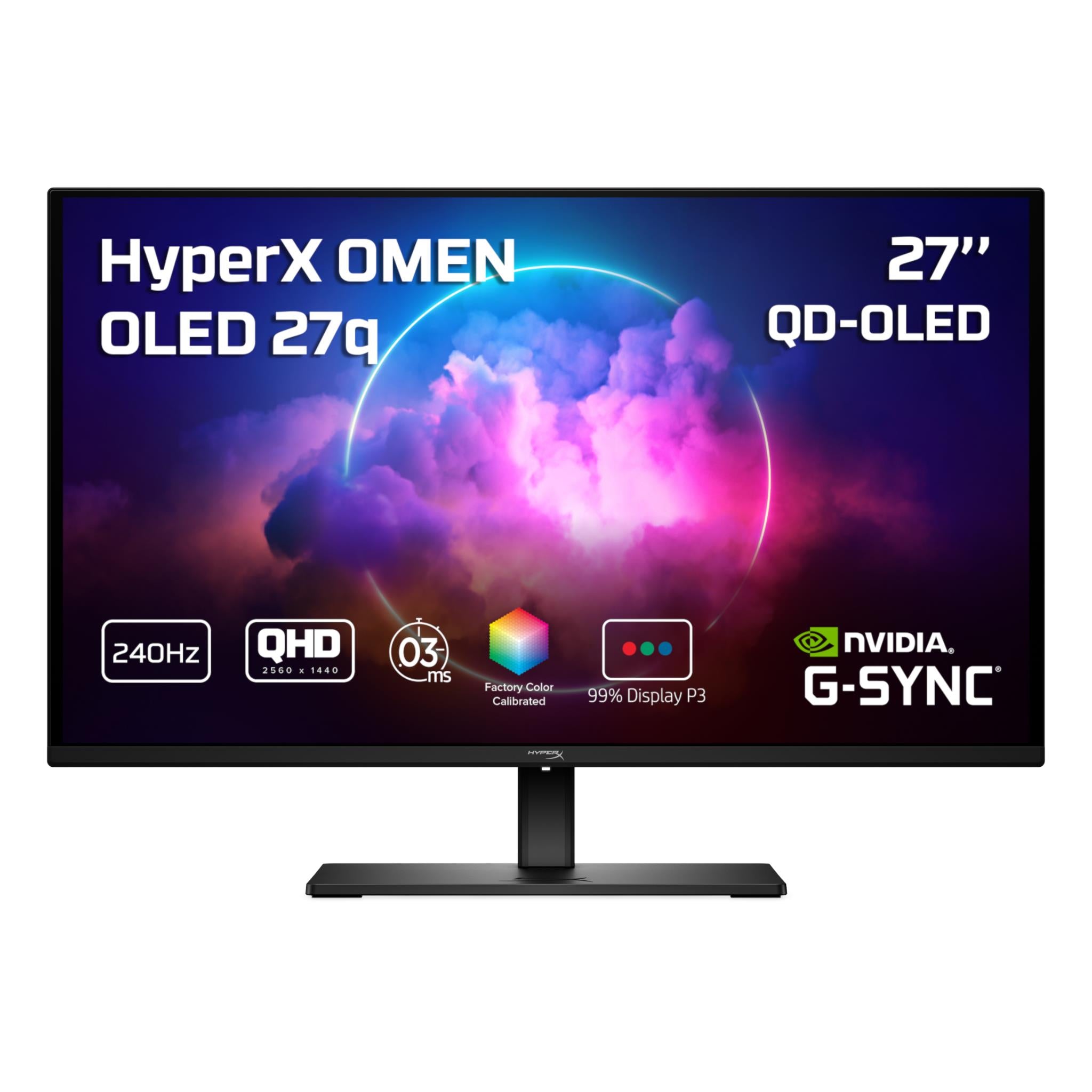 HyperX QD-OLED gaming monitor with dark bezel and stand base, front view