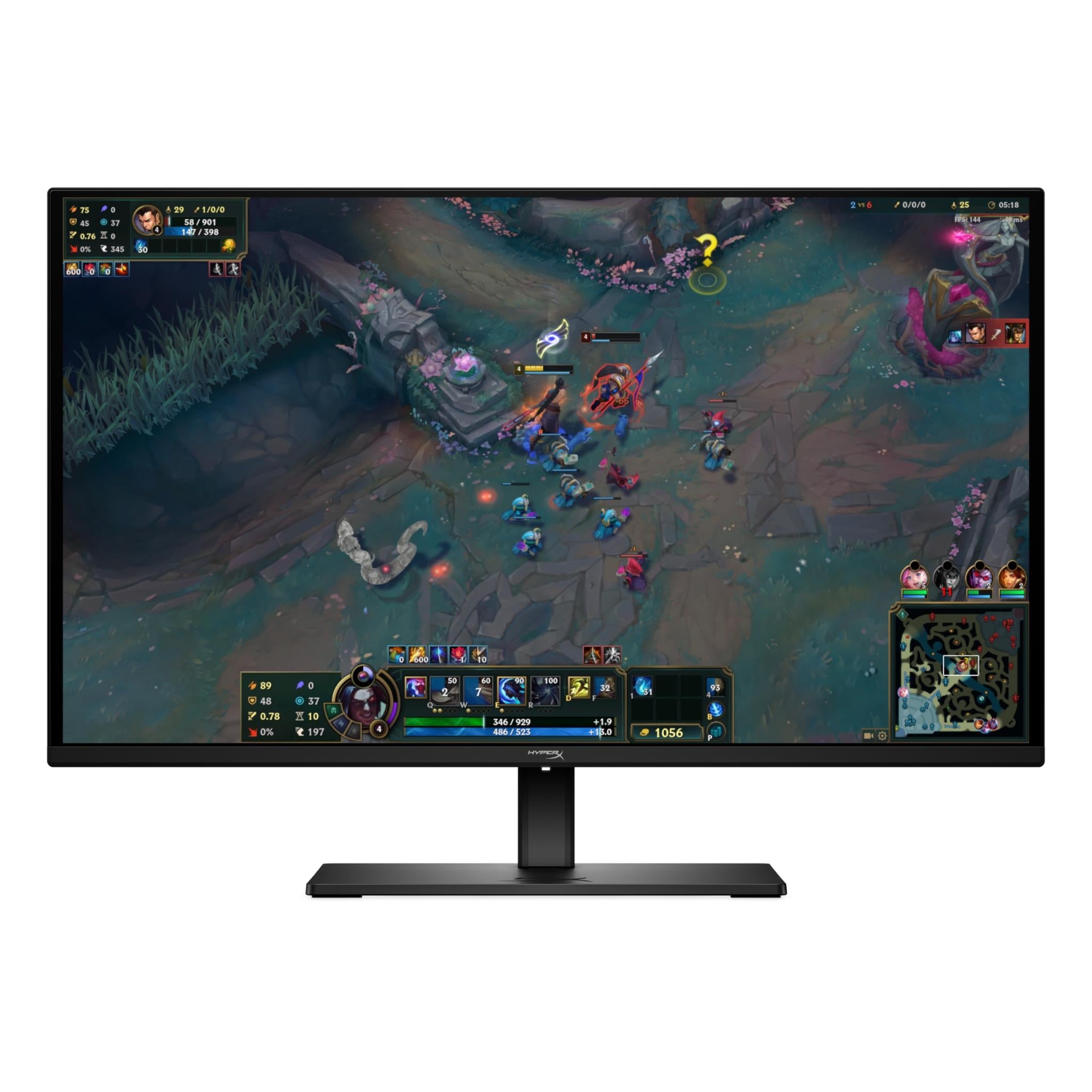 HyperX QD-OLED gaming monitor showing gameplay on-screen, front view with stand