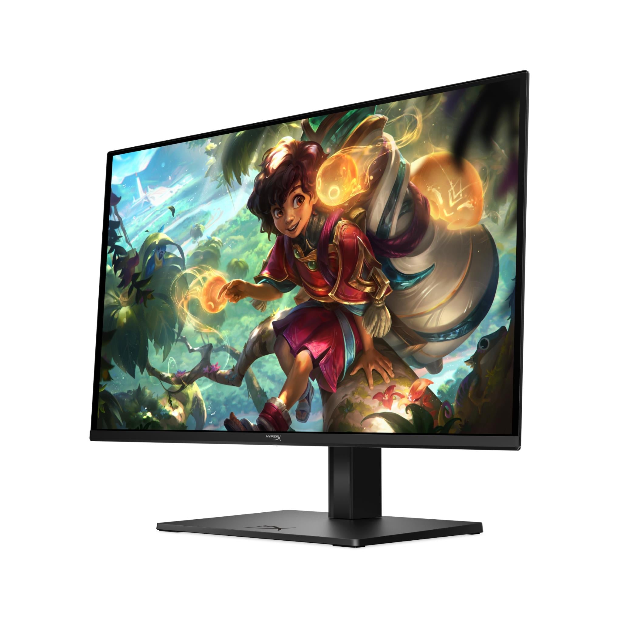 HyperX QD-OLED gaming monitor angled view with illustrated game artwork on display