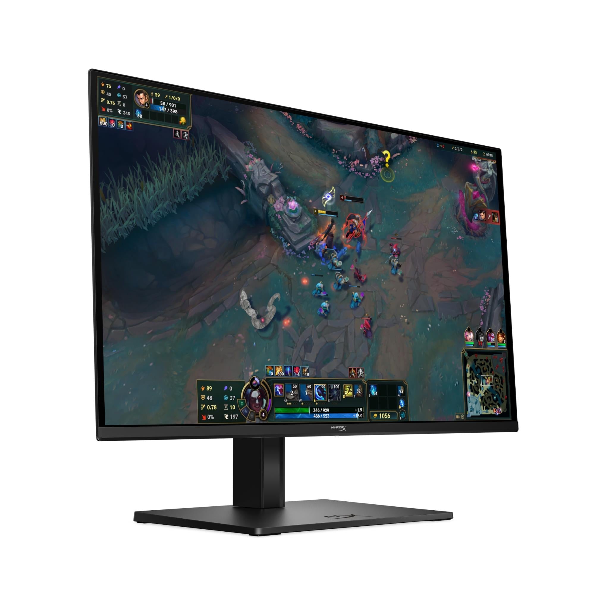 HyperX QD-OLED gaming monitor three-quarter view, displaying gameplay and HUD