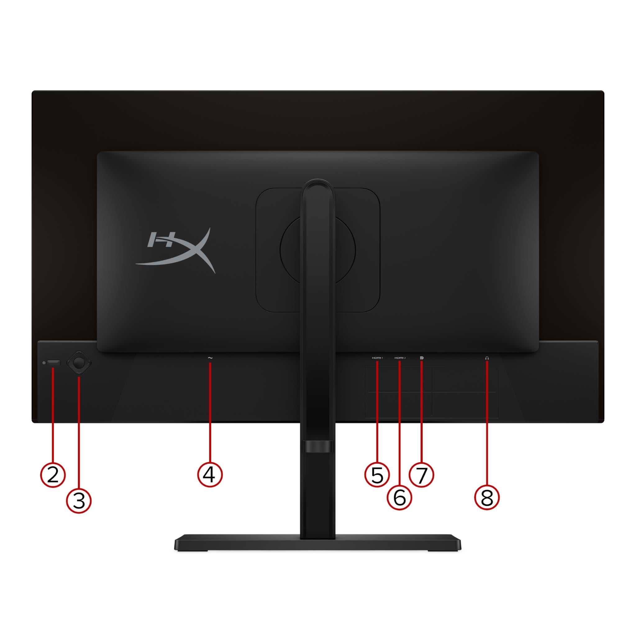 HyperX QD-OLED gaming monitor front view with stand and numbered feature callouts