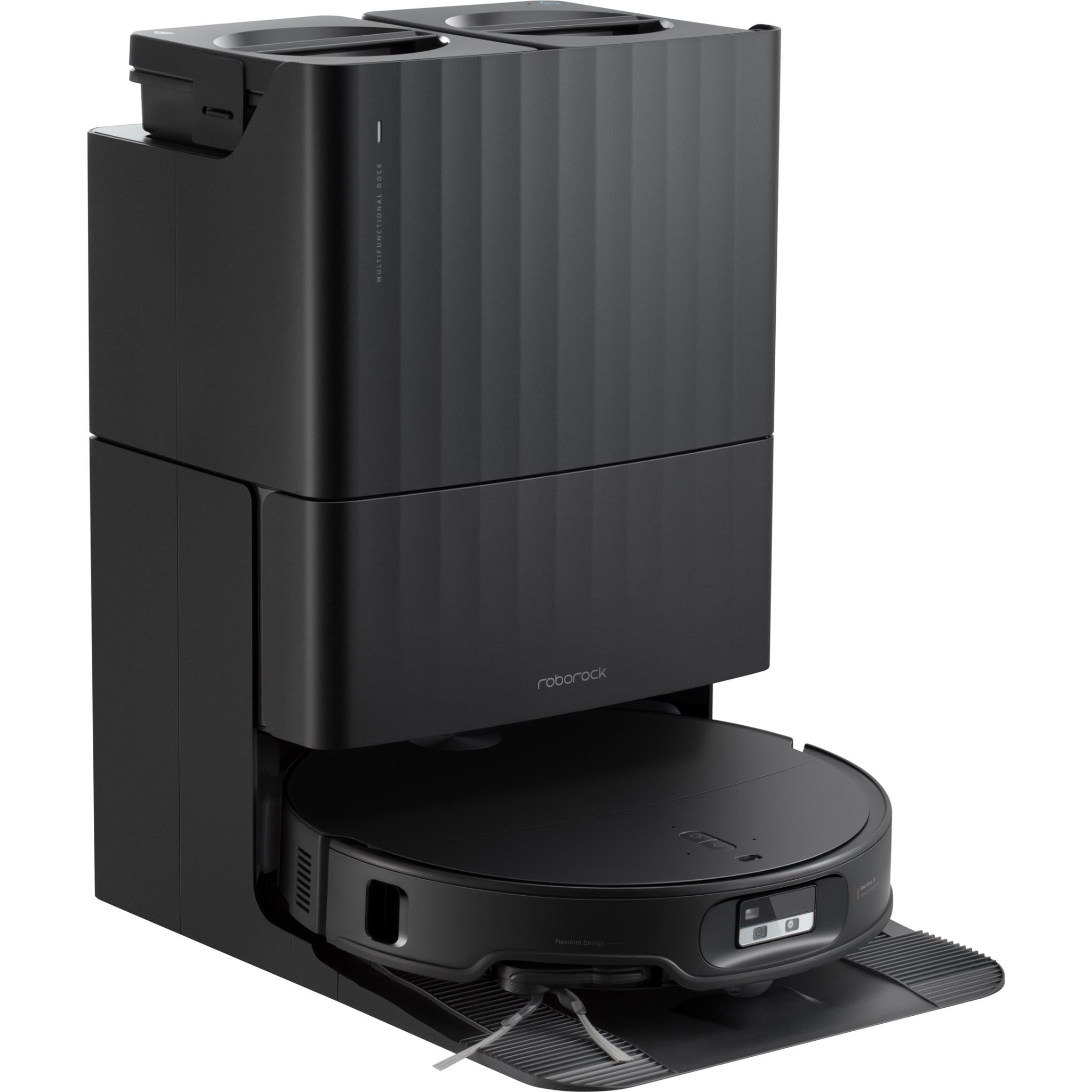 Black robotic vacuum and mop on docking base, top cover open and cleaning platform visible