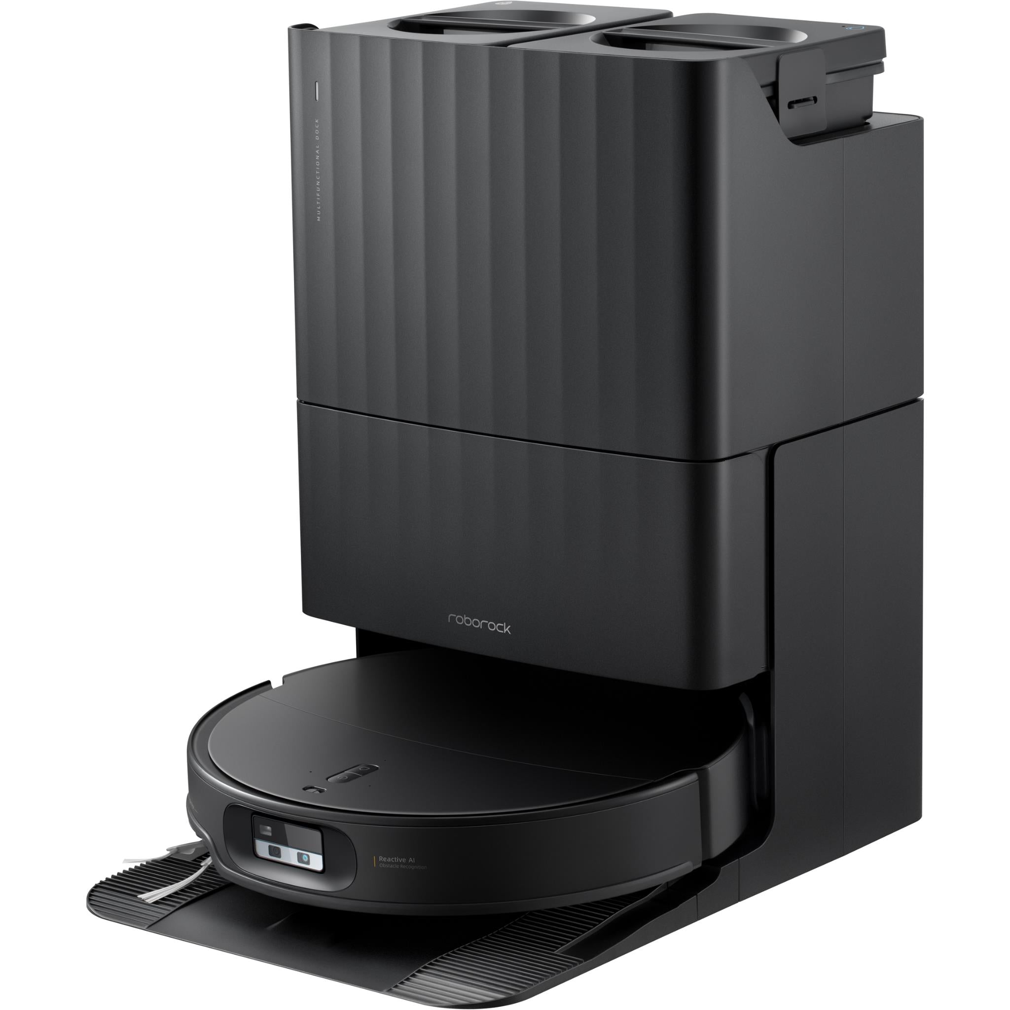 Black robot vacuum and mop charging base with docked robot and side brush module