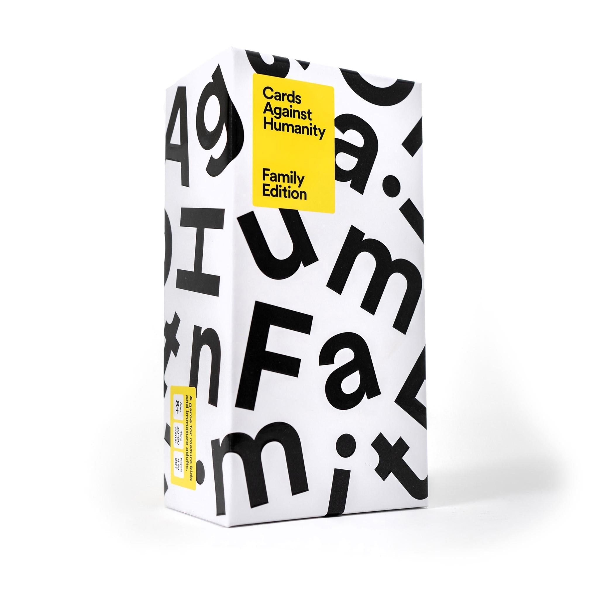 Cards Against Humanity Family Edition card game box, black-and-white type design