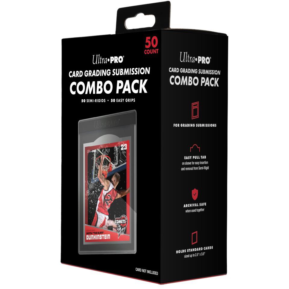 Card grading combo pack box showing card sleeve window and side instructions