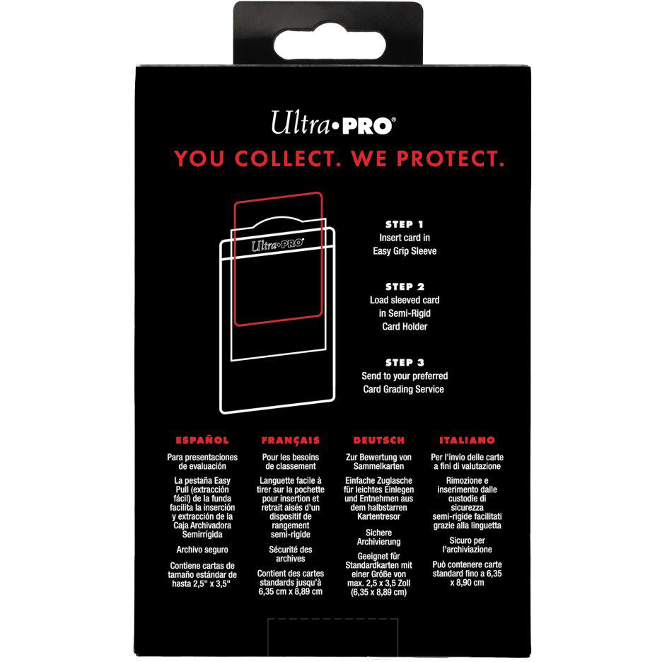 Card grading combo pack box back with step instructions and multilingual text